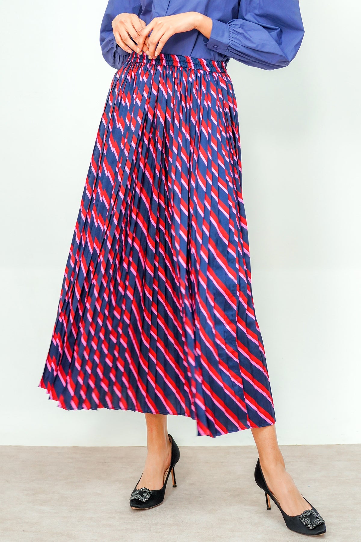 Stripes Pleated Skirt - Navy
