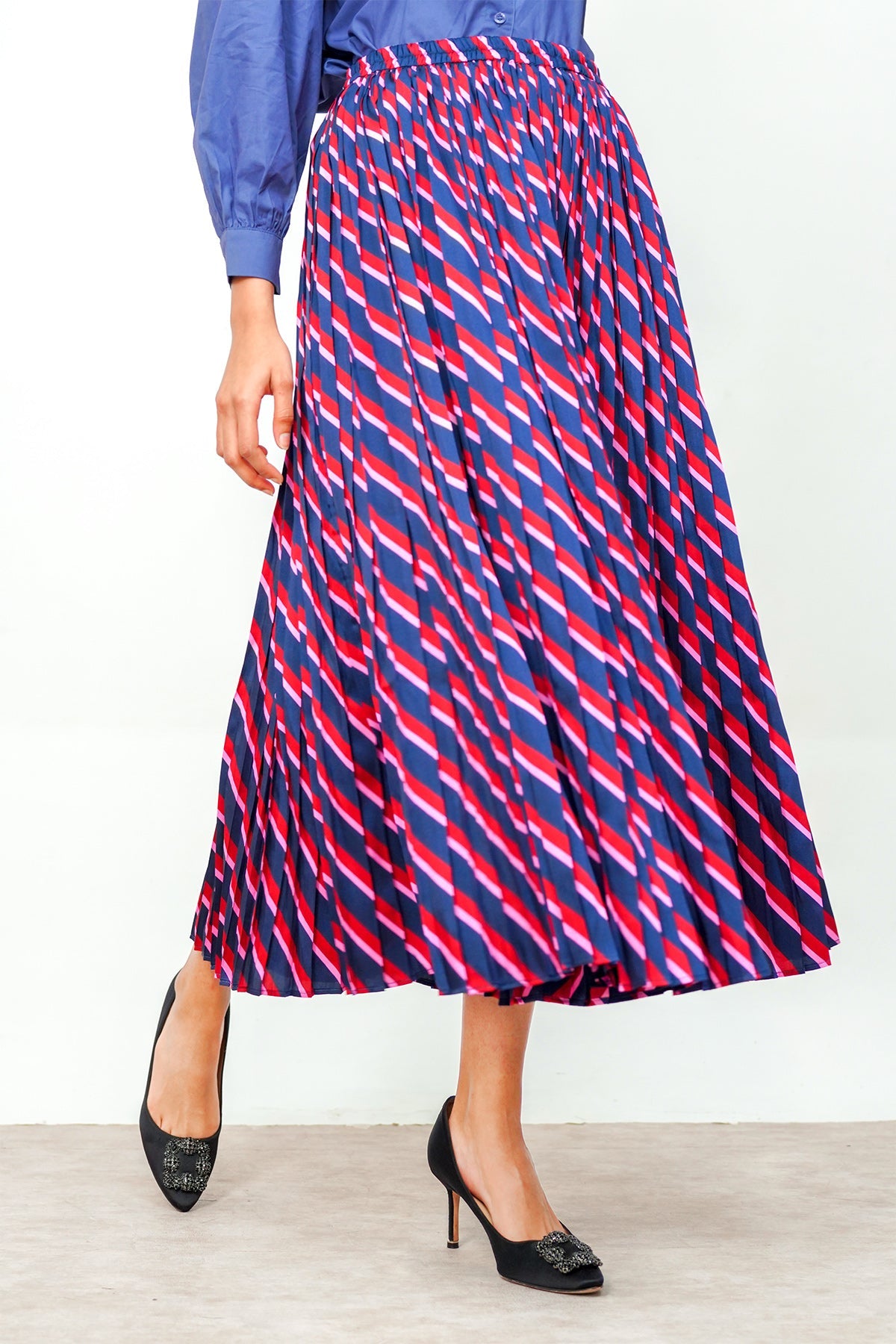 Stripes Pleated Skirt - Navy