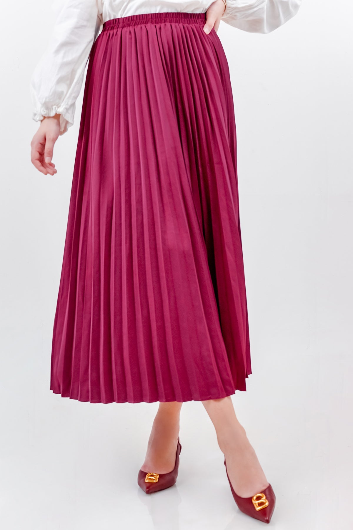 Satin Pleats Skirt - Berry