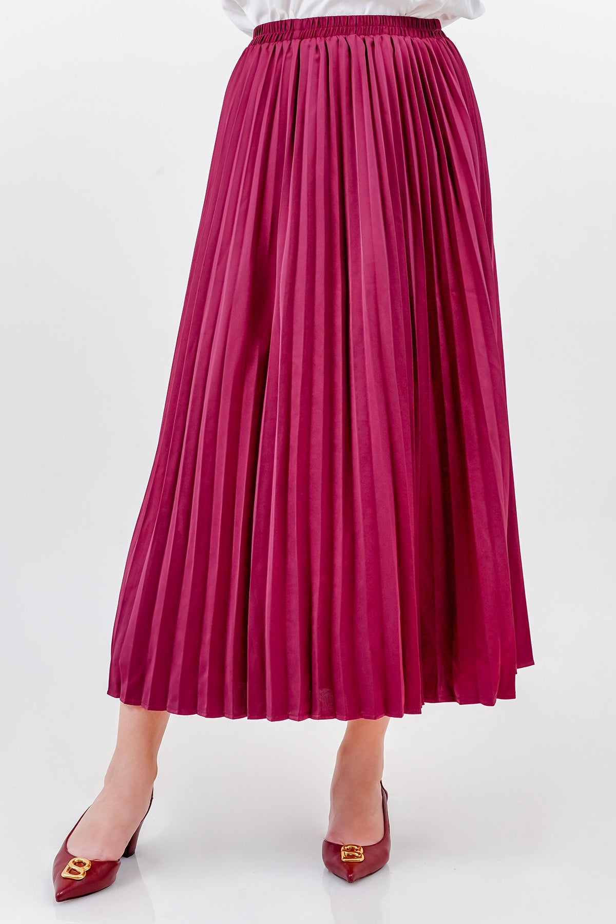 Satin Pleats Skirt - Berry