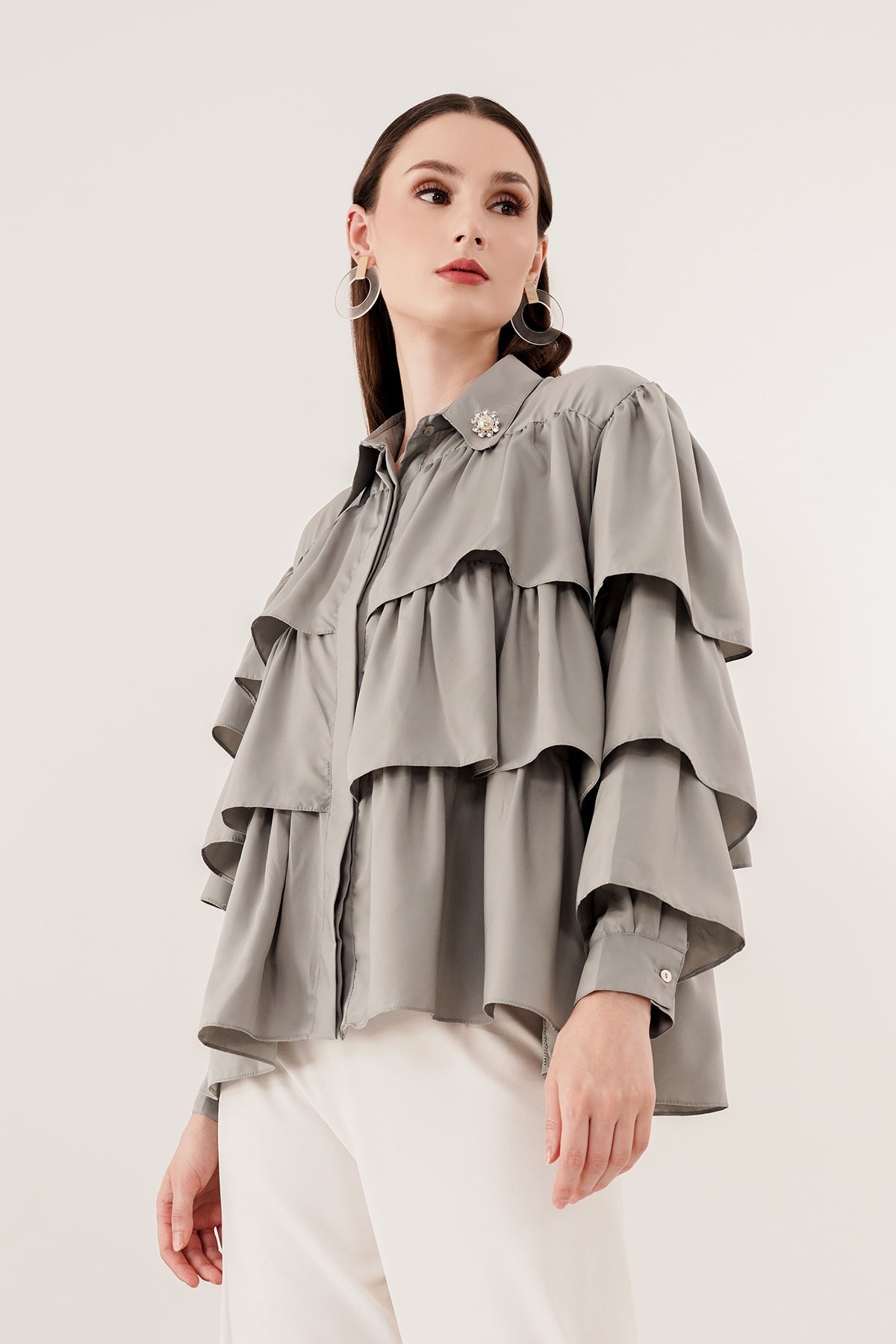 Tiered Ruffle Shirt - Grey