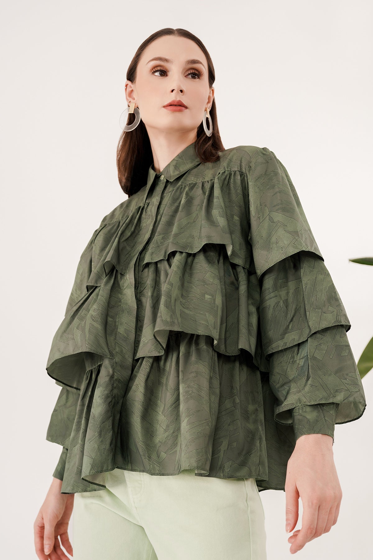 Tiered Ruffle Shirt - Dark Green Abstract