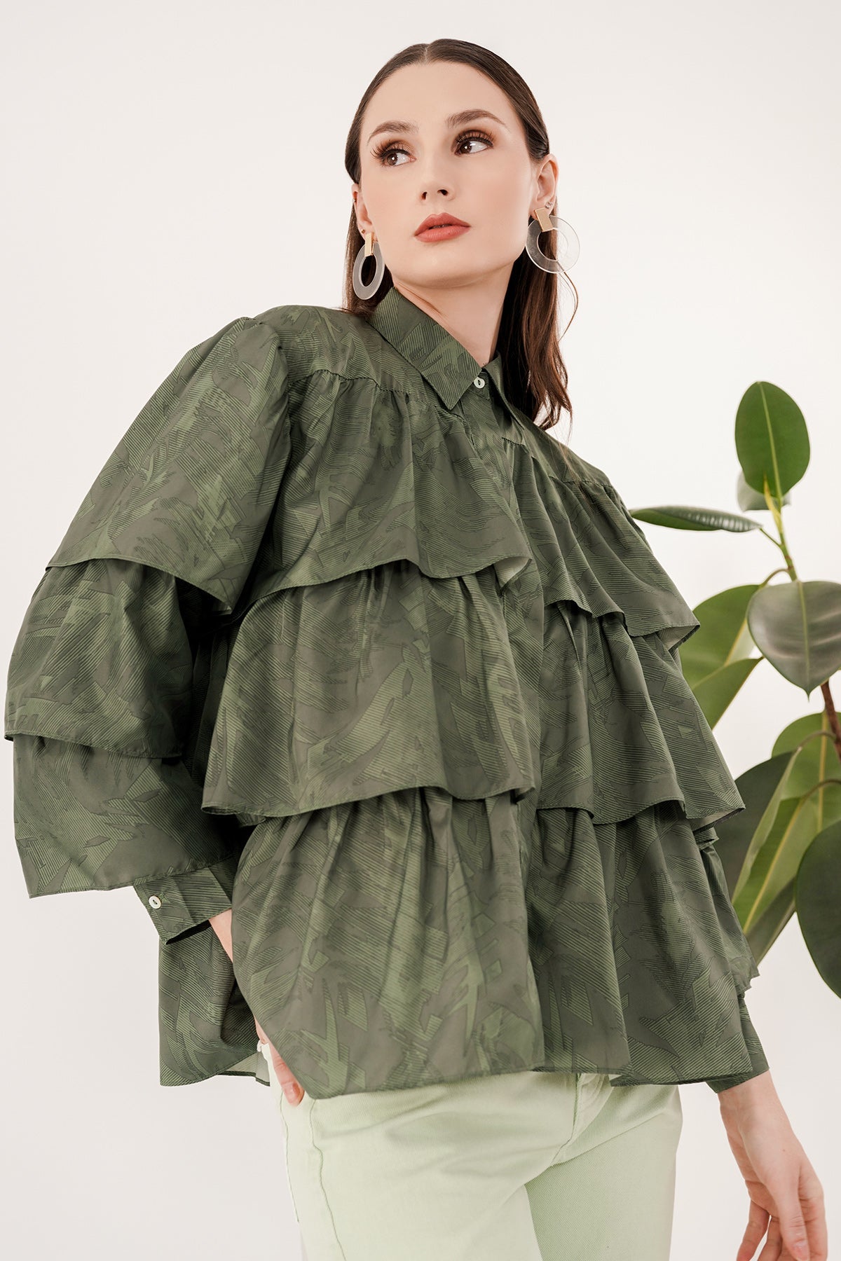 Tiered Ruffle Shirt - Dark Green Abstract