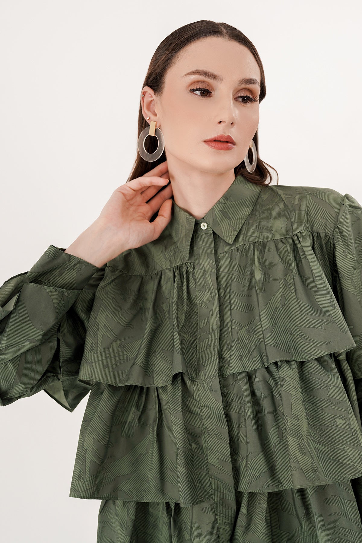 Tiered Ruffle Shirt - Dark Green Abstract