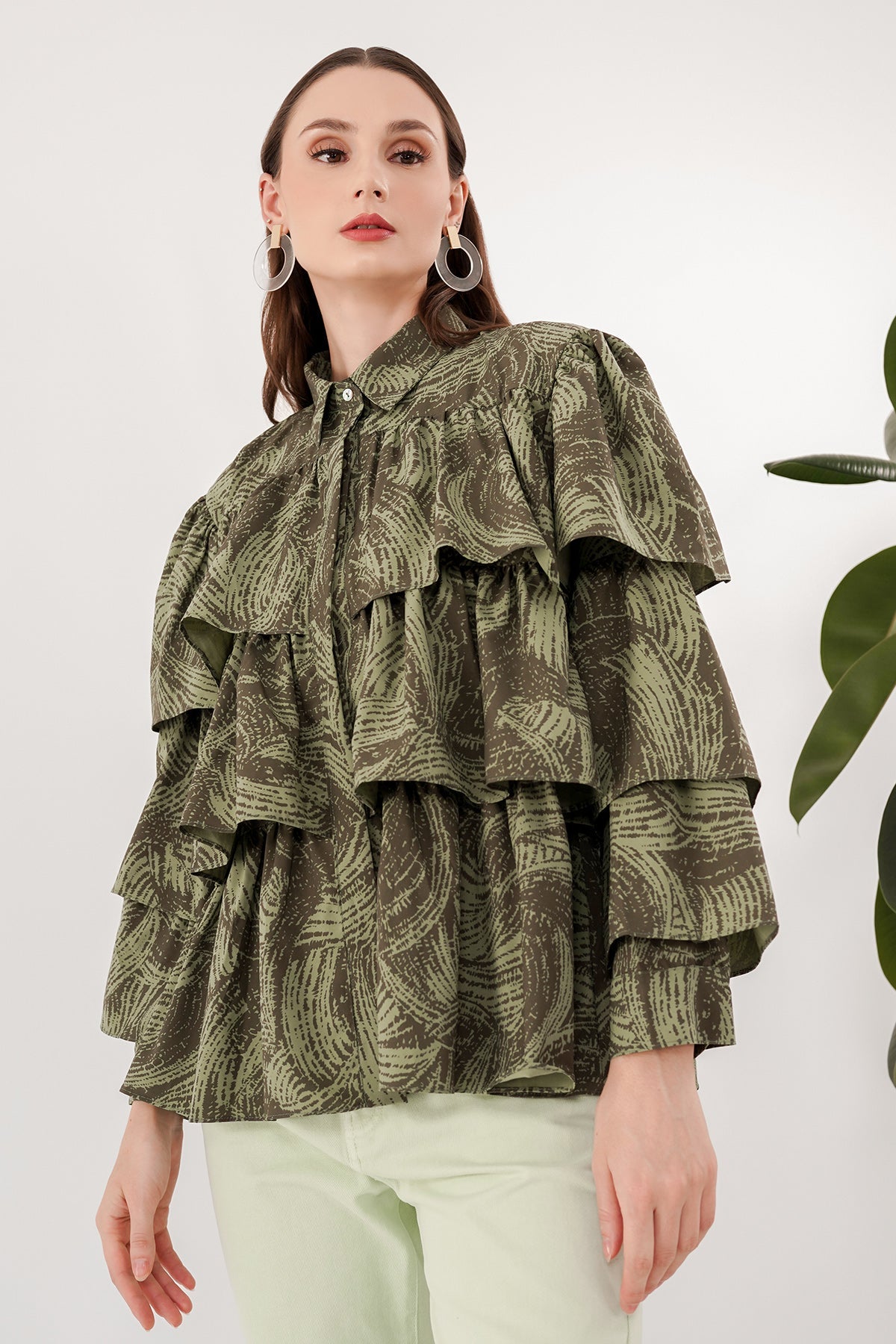 Tiered Ruffle Shirt - Two Tone Green Abstract