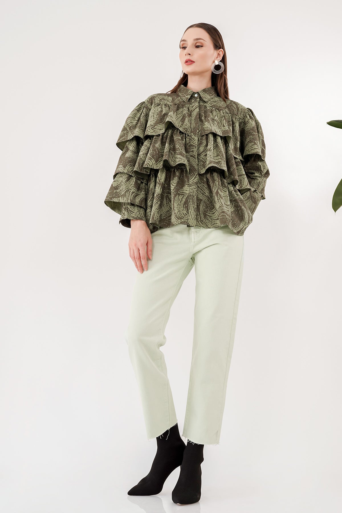 Tiered Ruffle Shirt - Two Tone Green Abstract