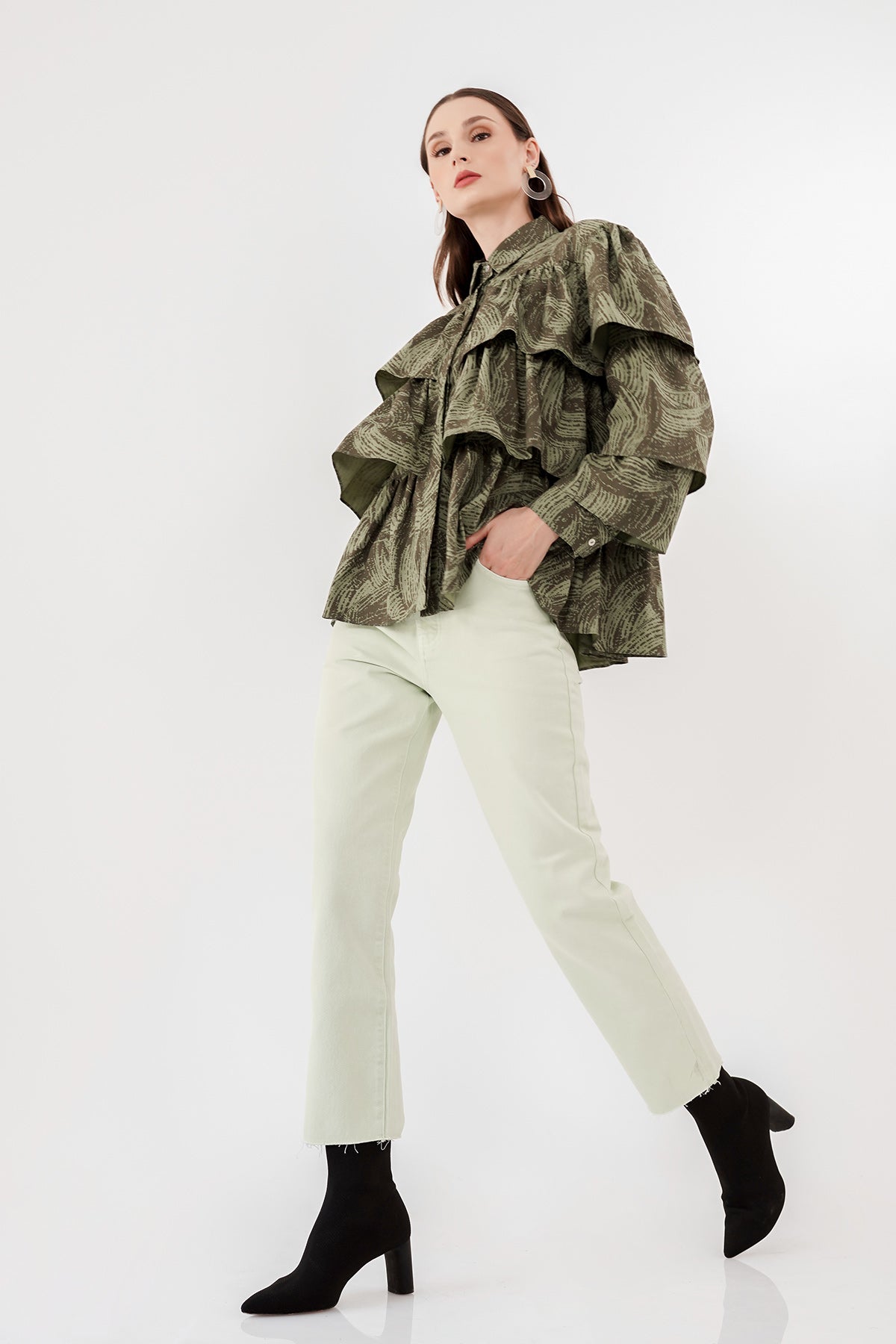 Tiered Ruffle Shirt - Two Tone Green Abstract