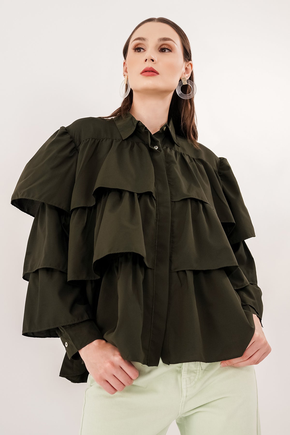 Tiered Ruffle Shirt - Dark Green