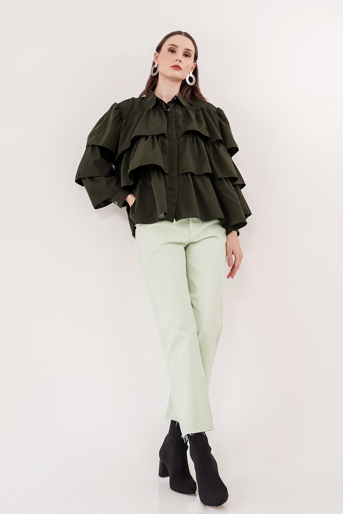 Tiered Ruffle Shirt - Dark Green