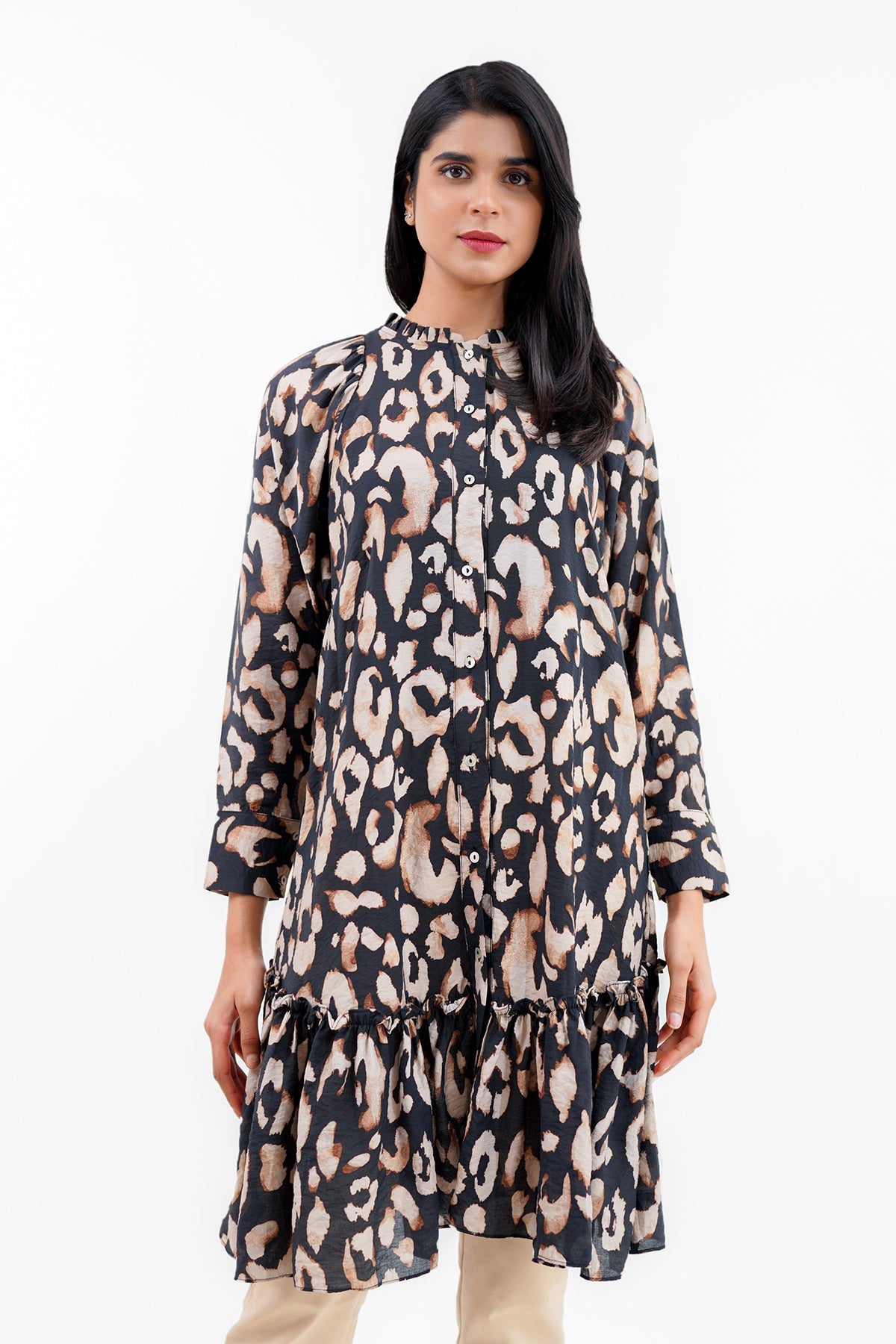 Leonny Shirt Dress with Ruffle - Black