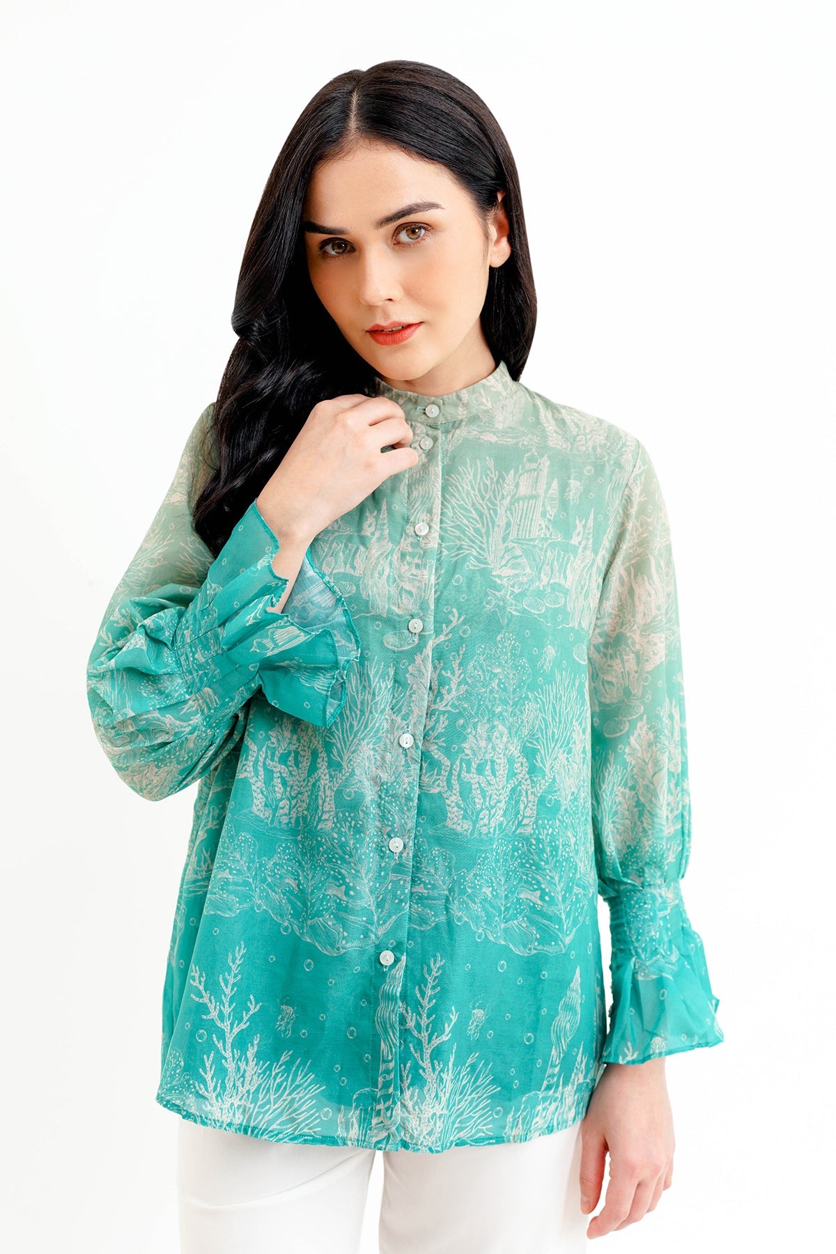El Mar Minorca Shirt with Puff Sleeve - Aqua