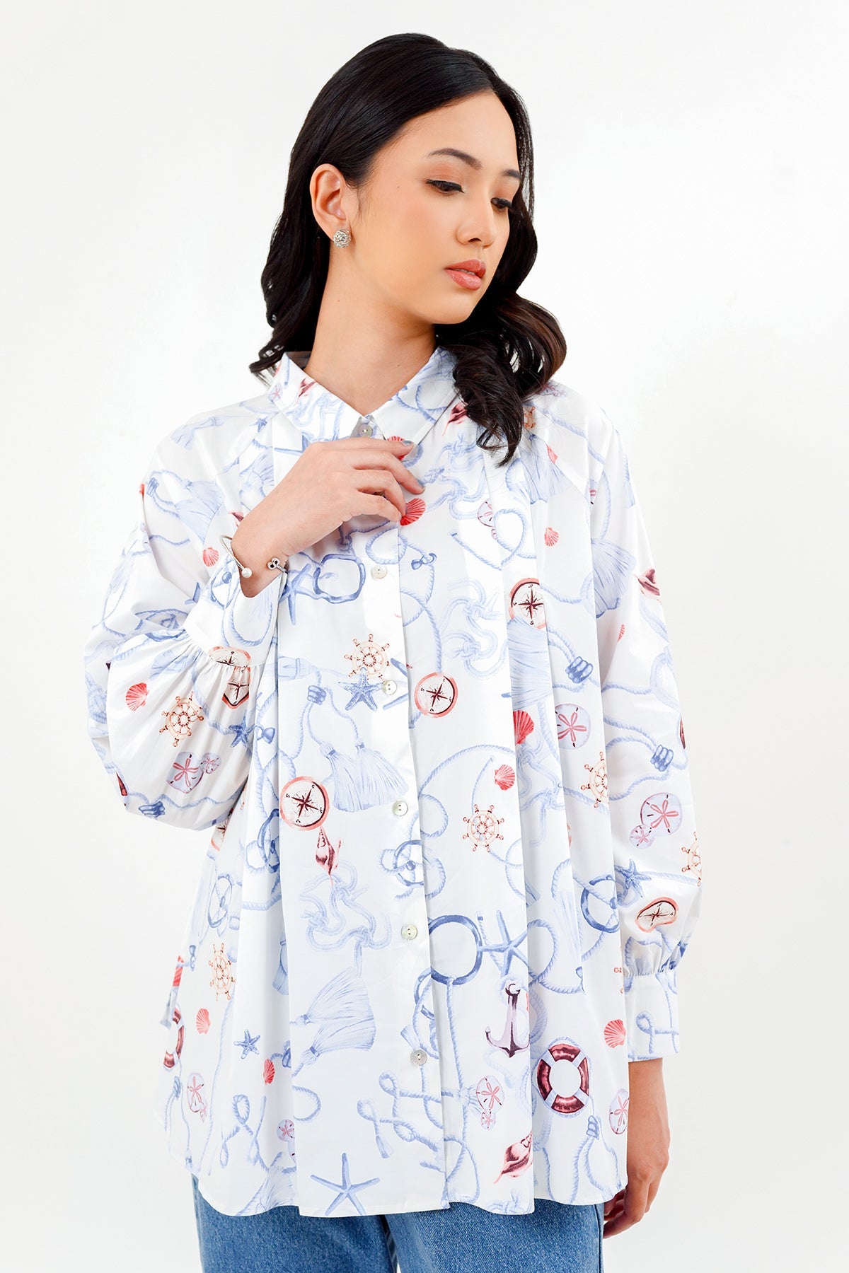 Nautical Shirt with Puff Sleeve - White