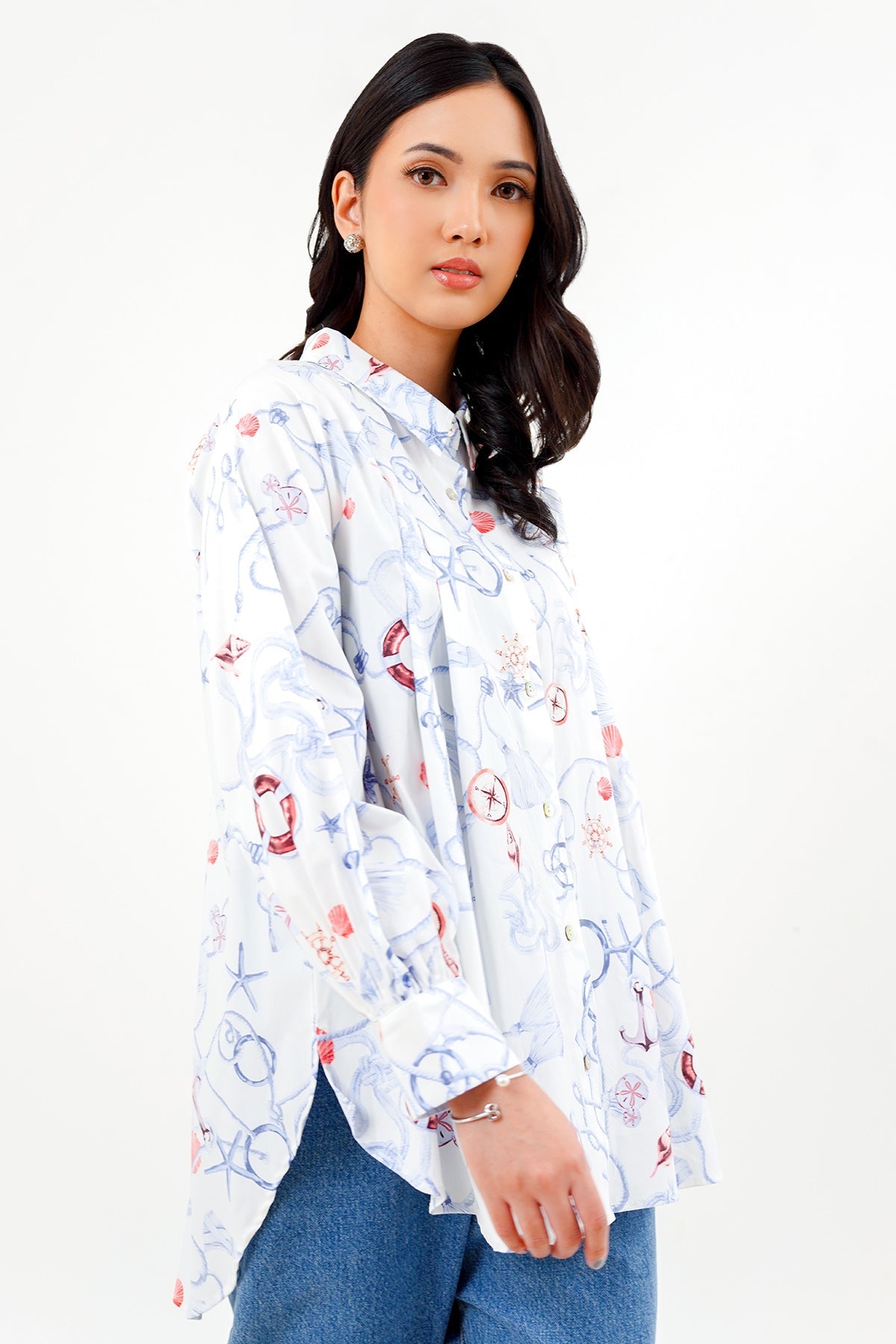 Nautical Shirt with Puff Sleeve - White