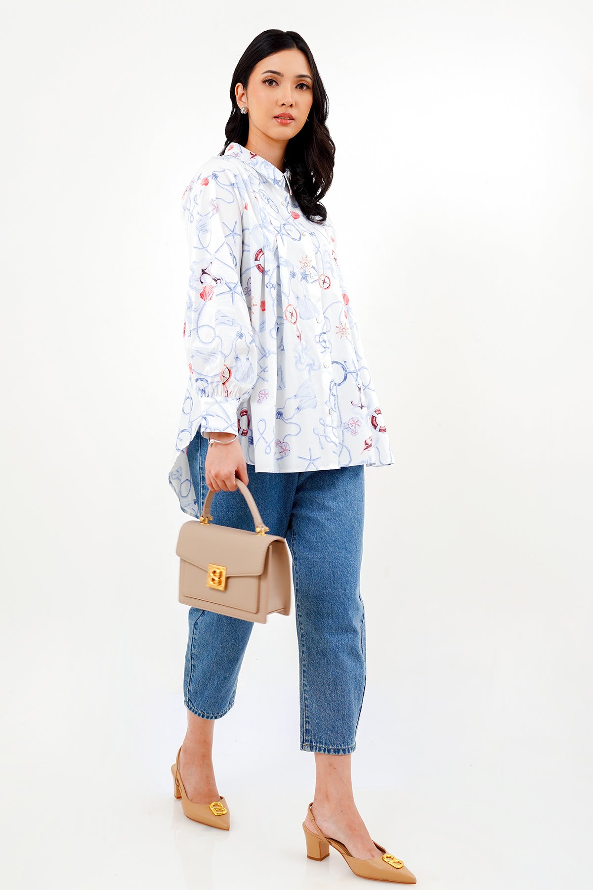 Nautical Shirt with Puff Sleeve - White