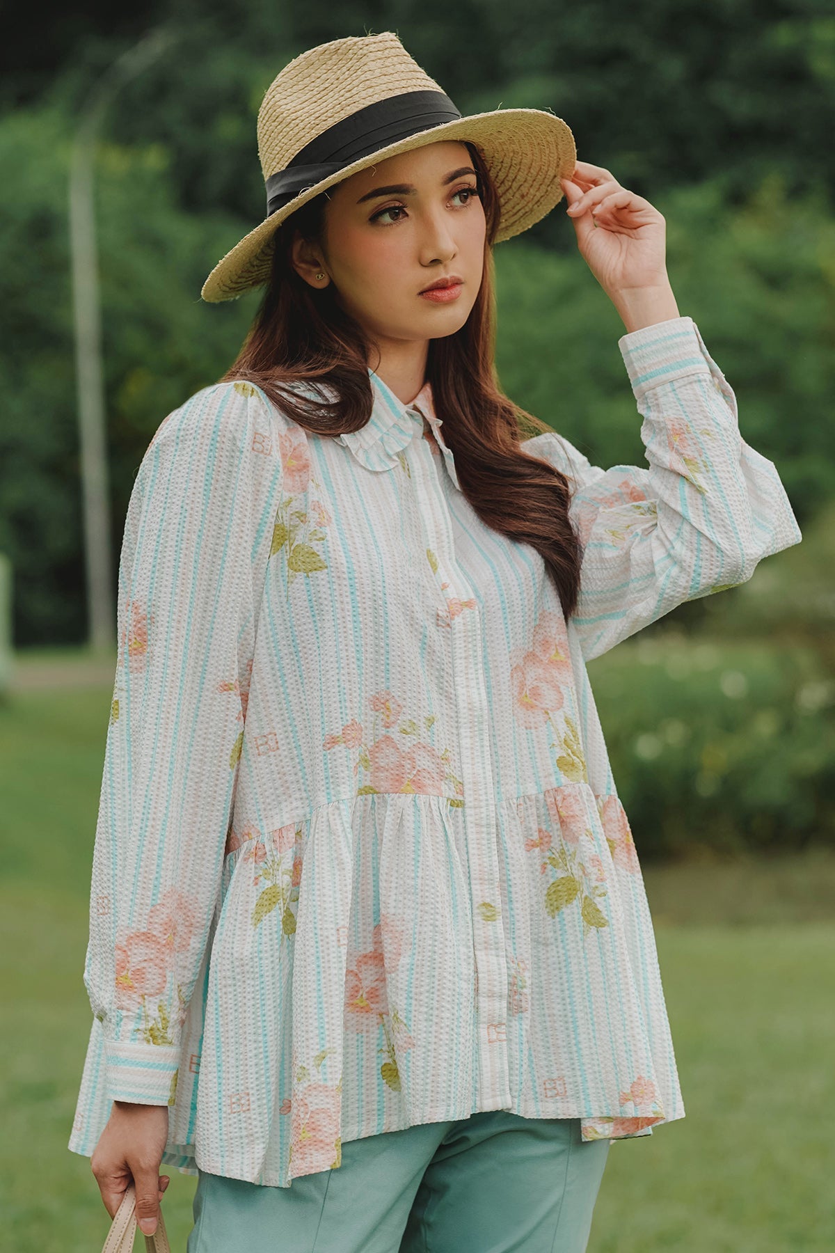 Diantha Ruffle Shirt - Peach Blue