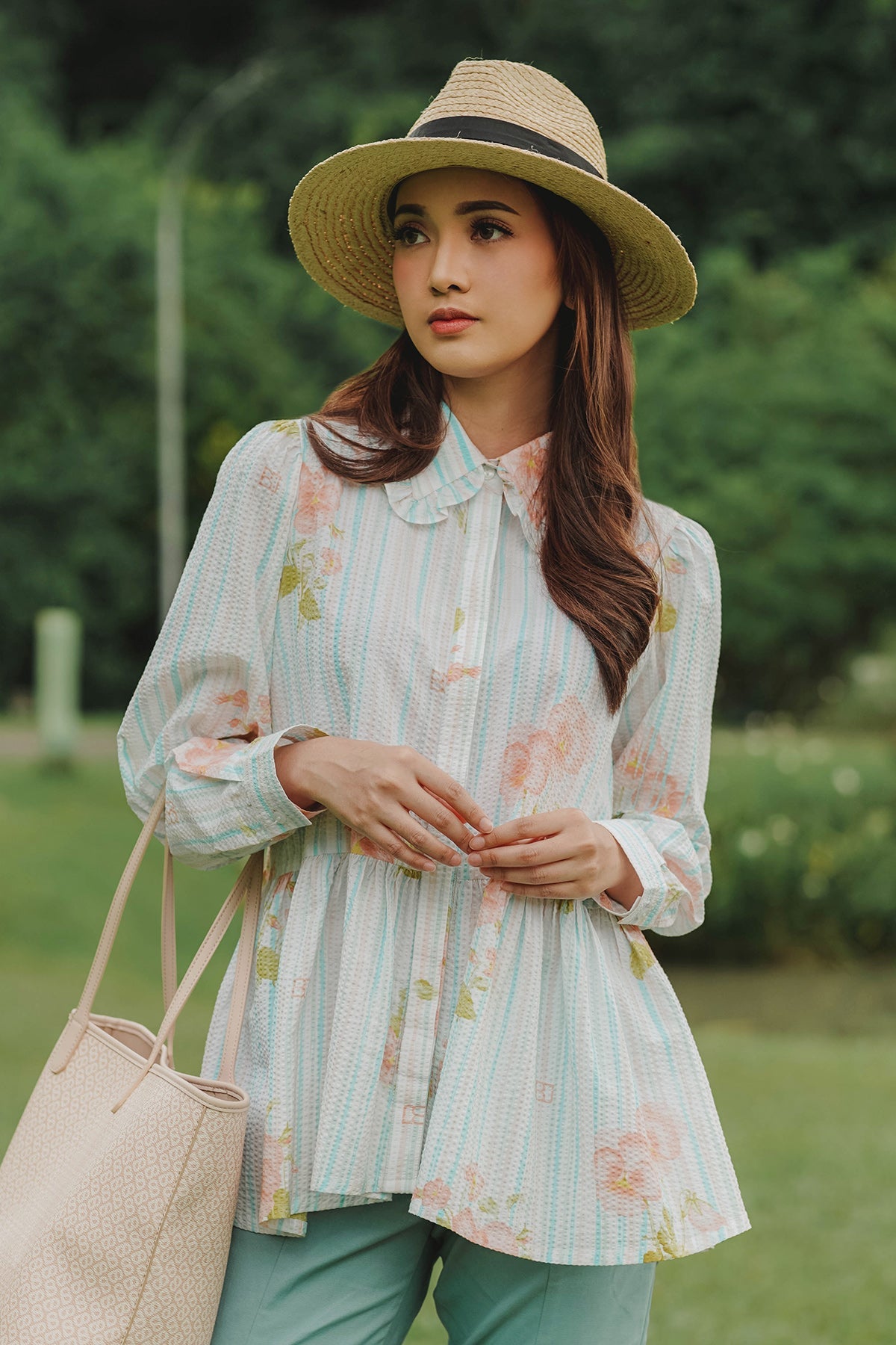 Diantha Ruffle Shirt - Peach Blue