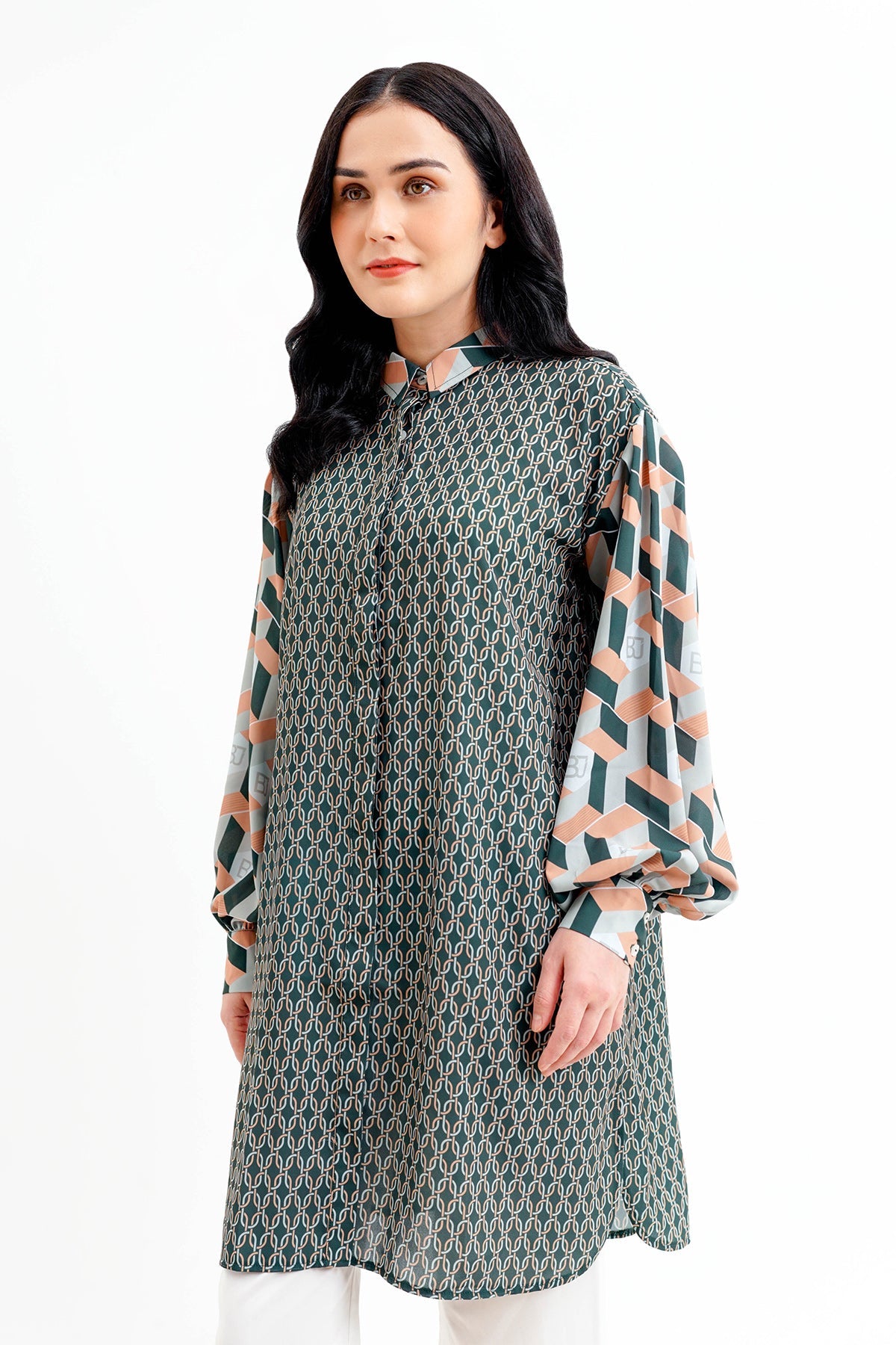 Arnia Mix Fabric Long Shirt - Green