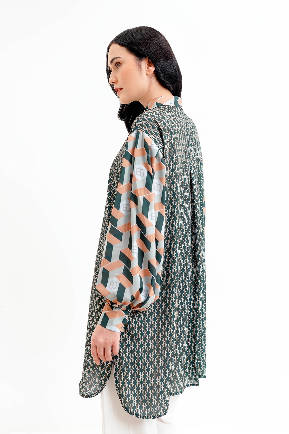 Arnia Mix Fabric Long Shirt - Green