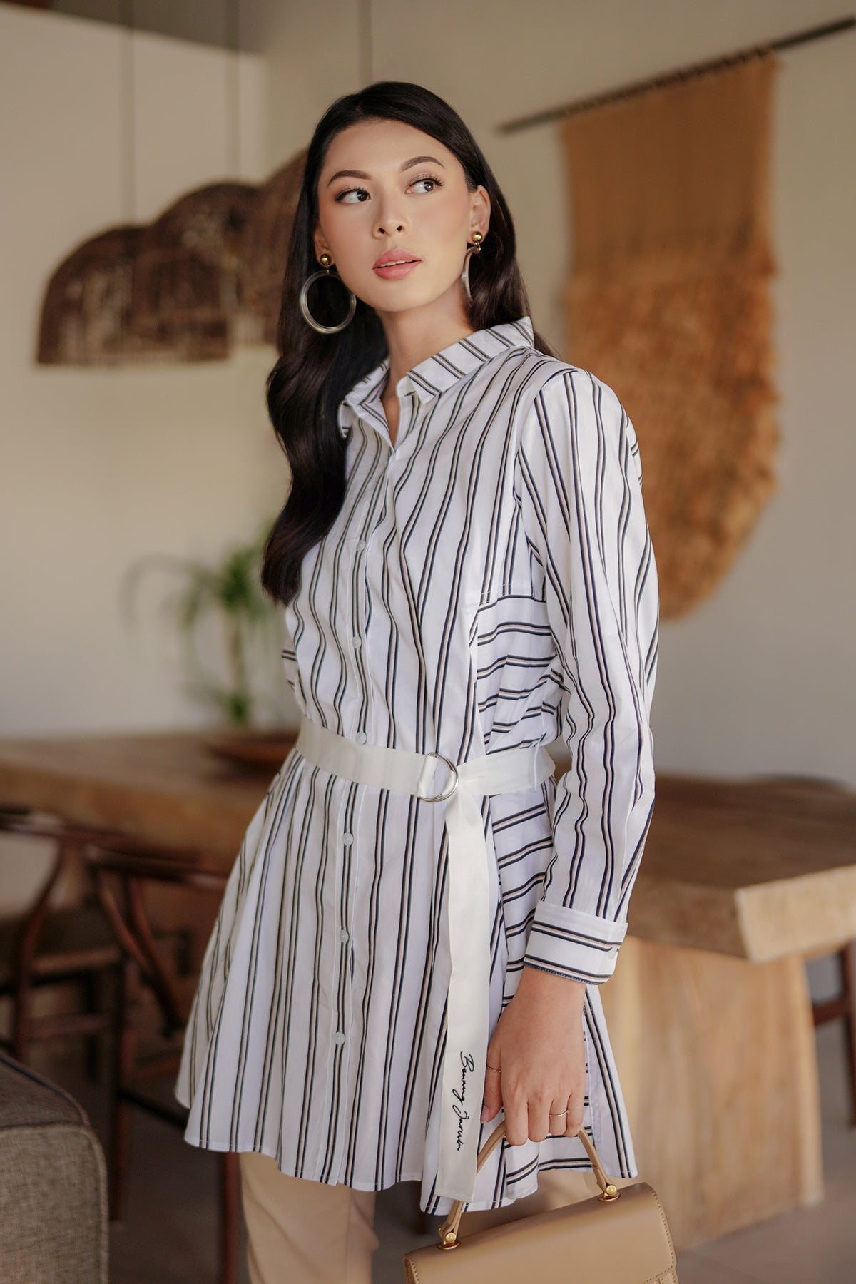 Ola Shirt with Belt - White/Black Stripes