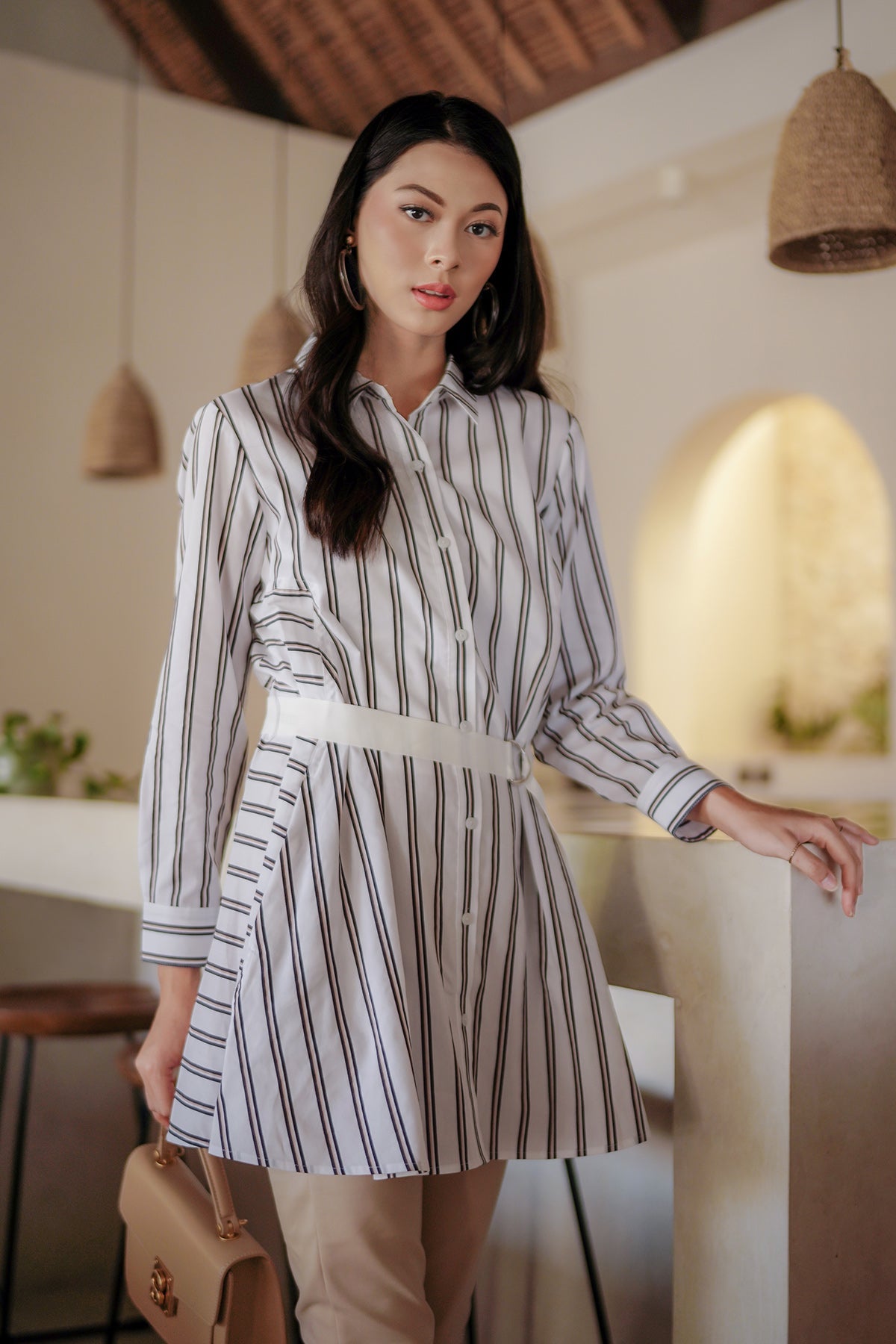 Ola Shirt with Belt - White/Black Stripes