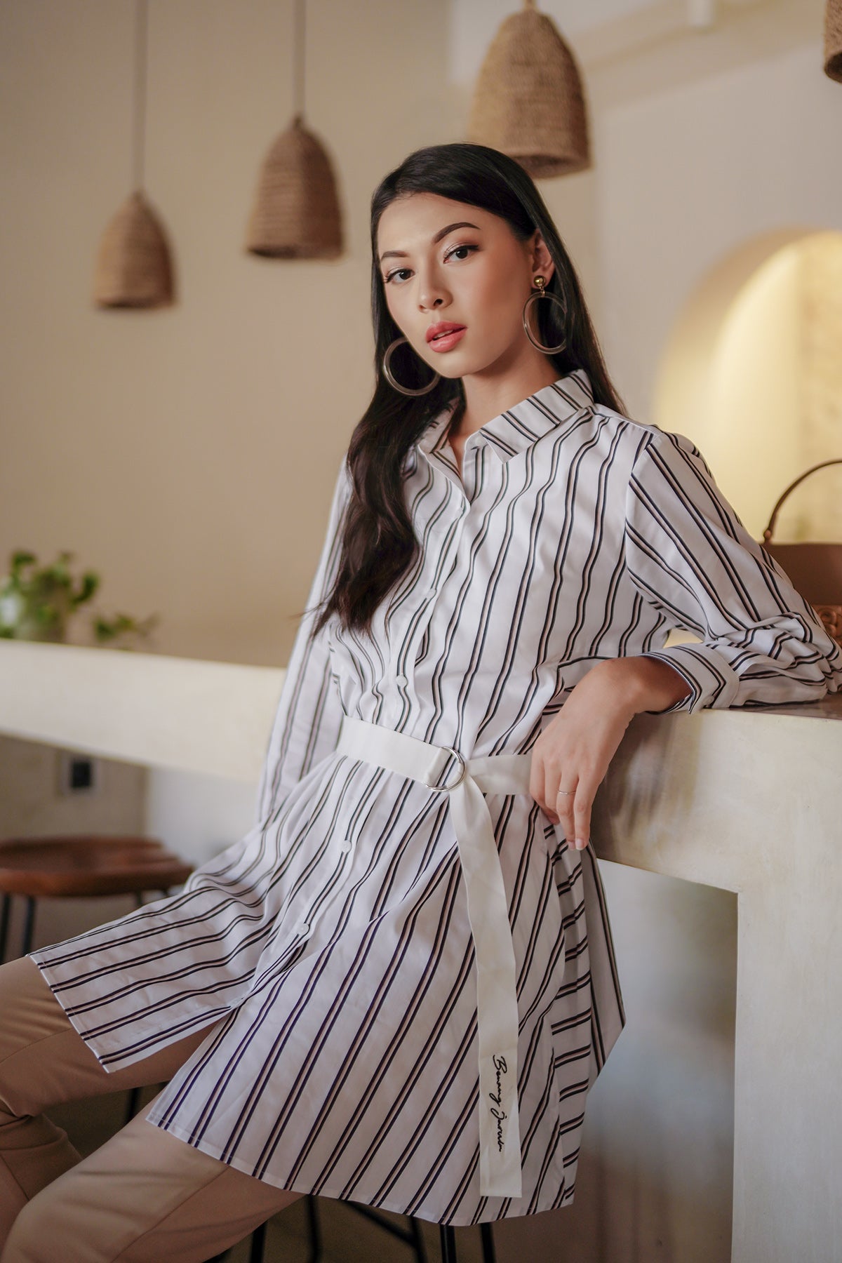 Ola Shirt with Belt - White/Black Stripes