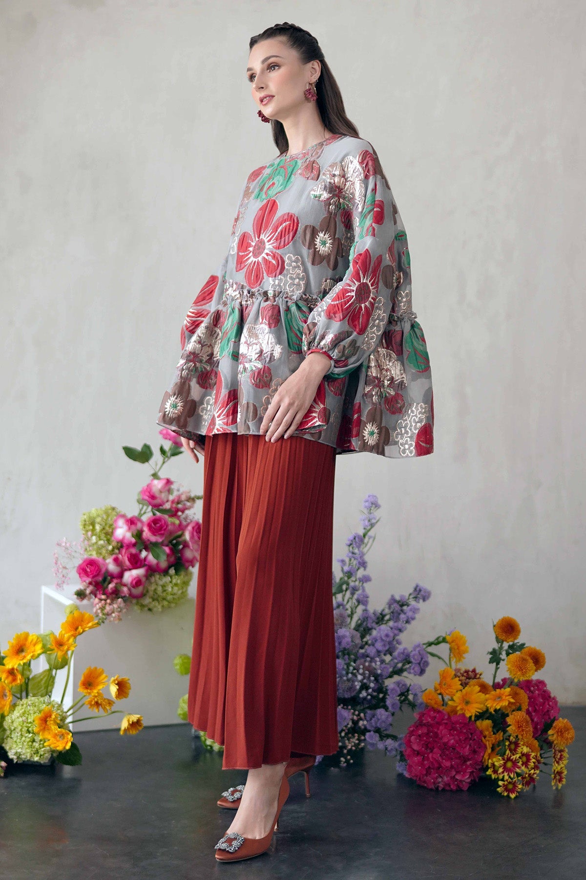 Floral Organza Peplum Blouse - Red