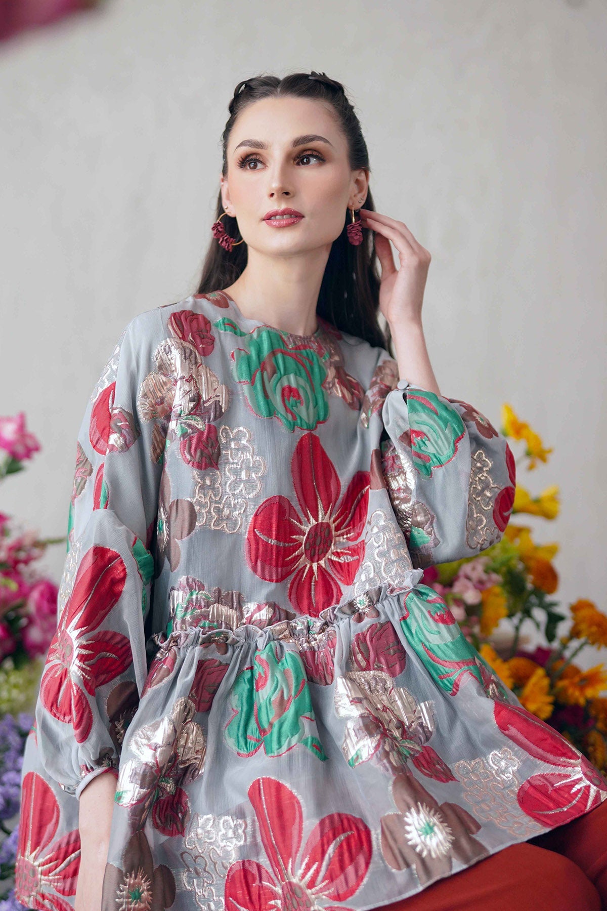 Floral Organza Peplum Blouse - Red