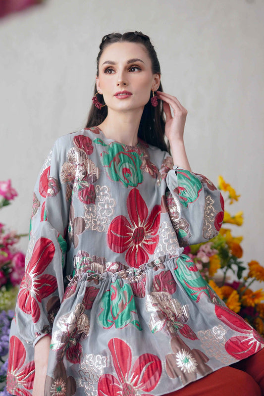 Floral Organza Peplum Blouse - Red