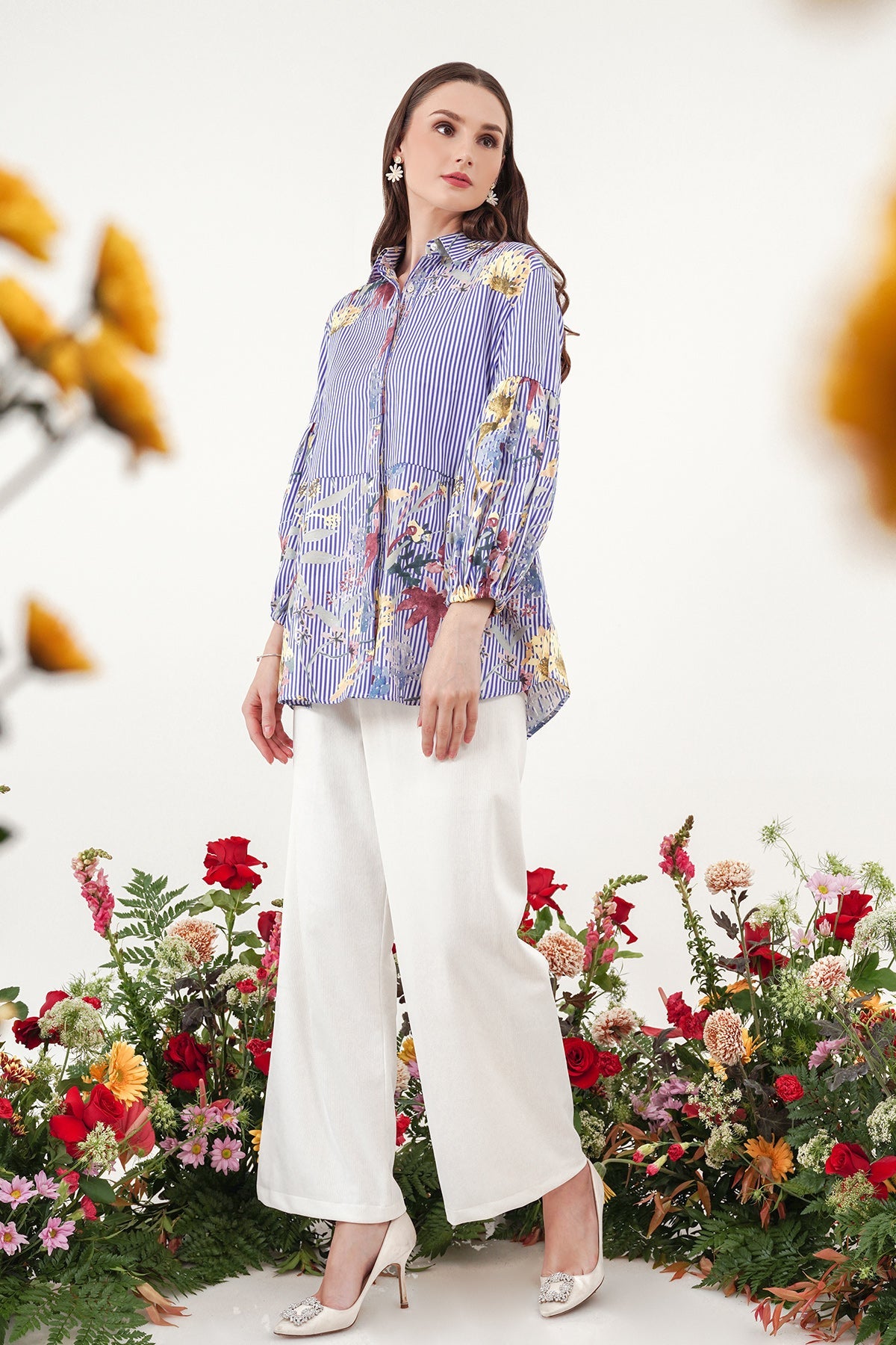 Romantic Garden Shirt with Puff Sleeve - Blue