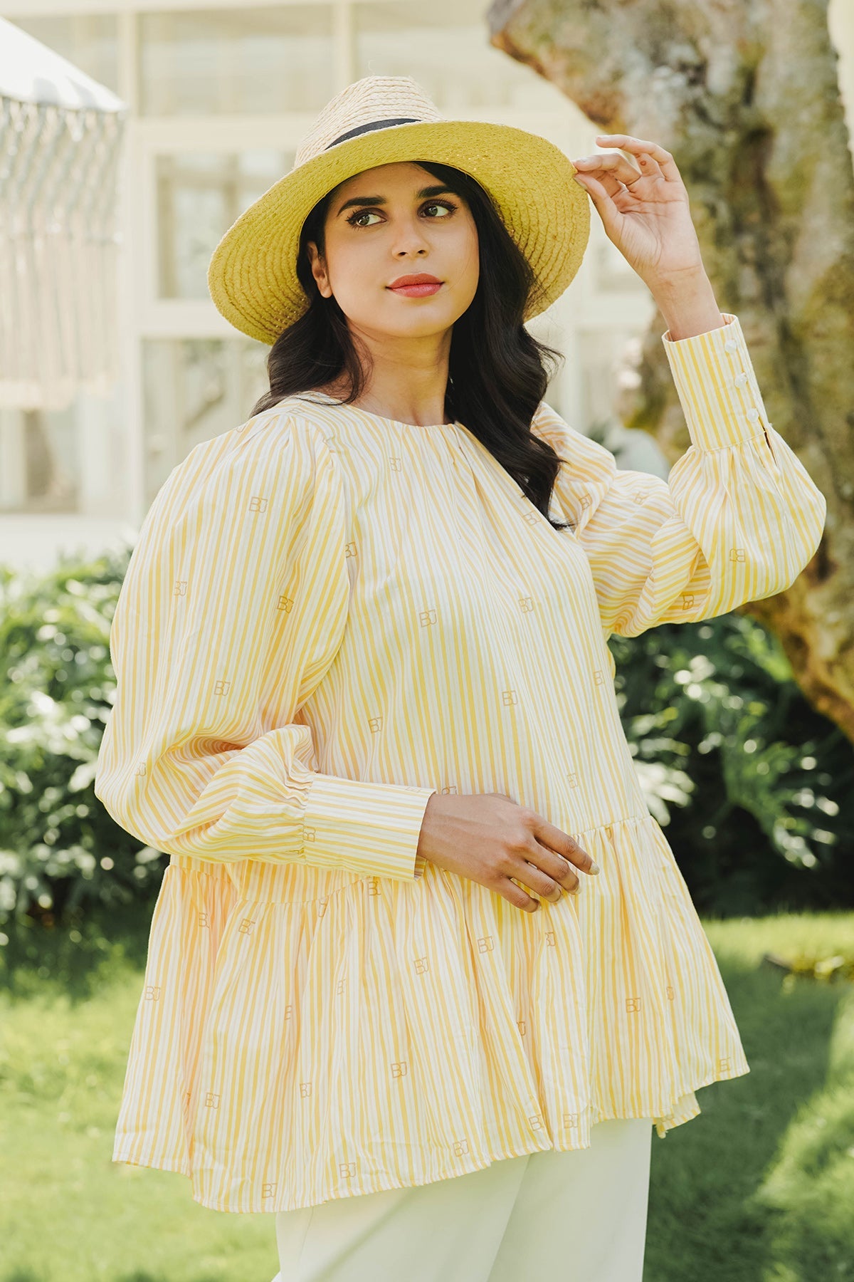 Monogram Stripe Peplum Blouse - Orange
