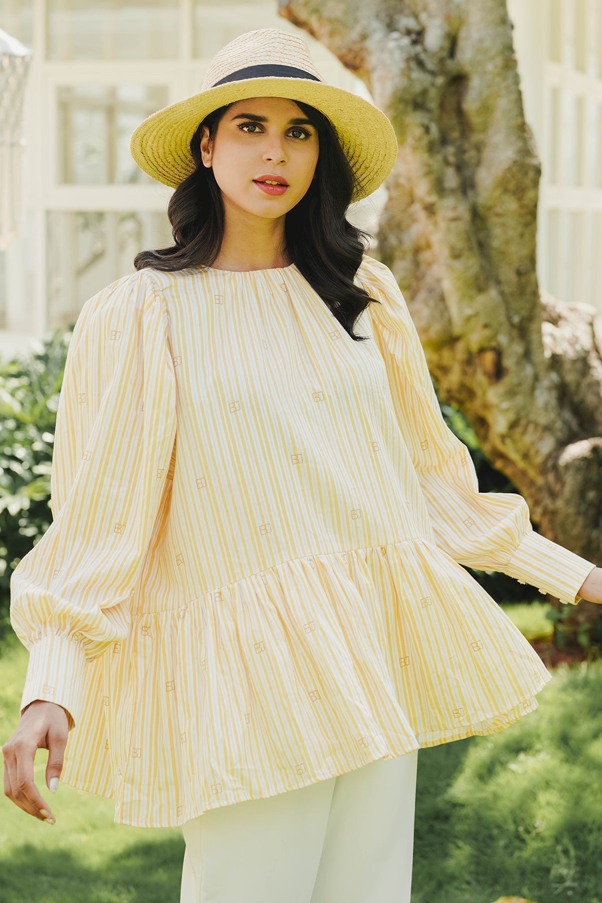 Monogram Stripe Peplum Blouse - Orange