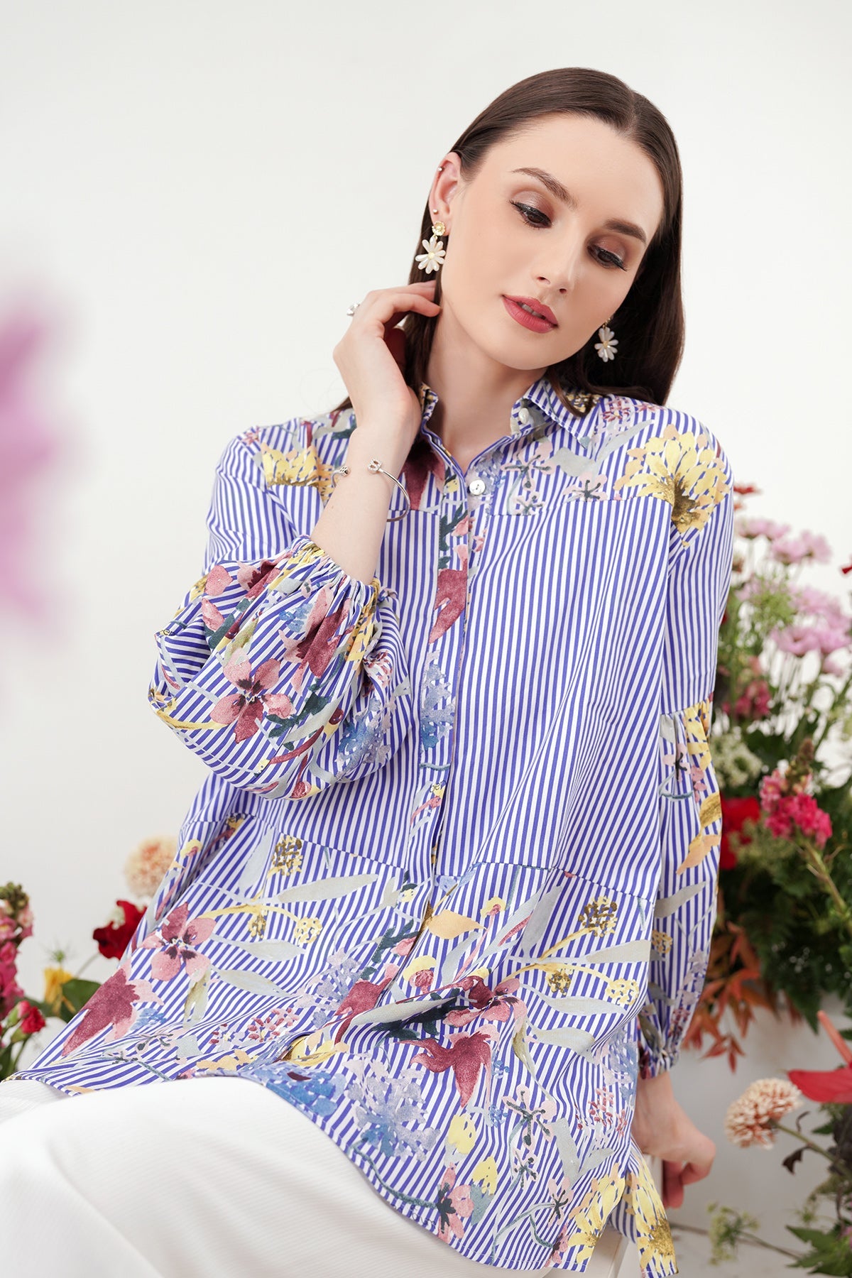 Romantic Garden Shirt with Puff Sleeve - Blue