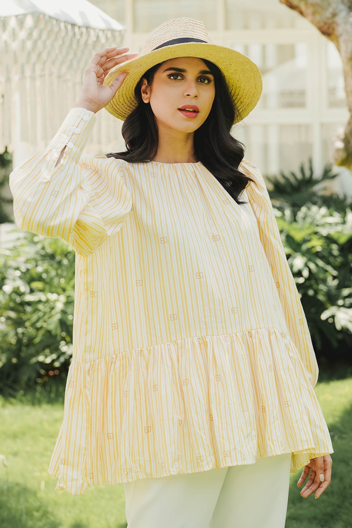 Monogram Stripe Peplum Blouse - Orange