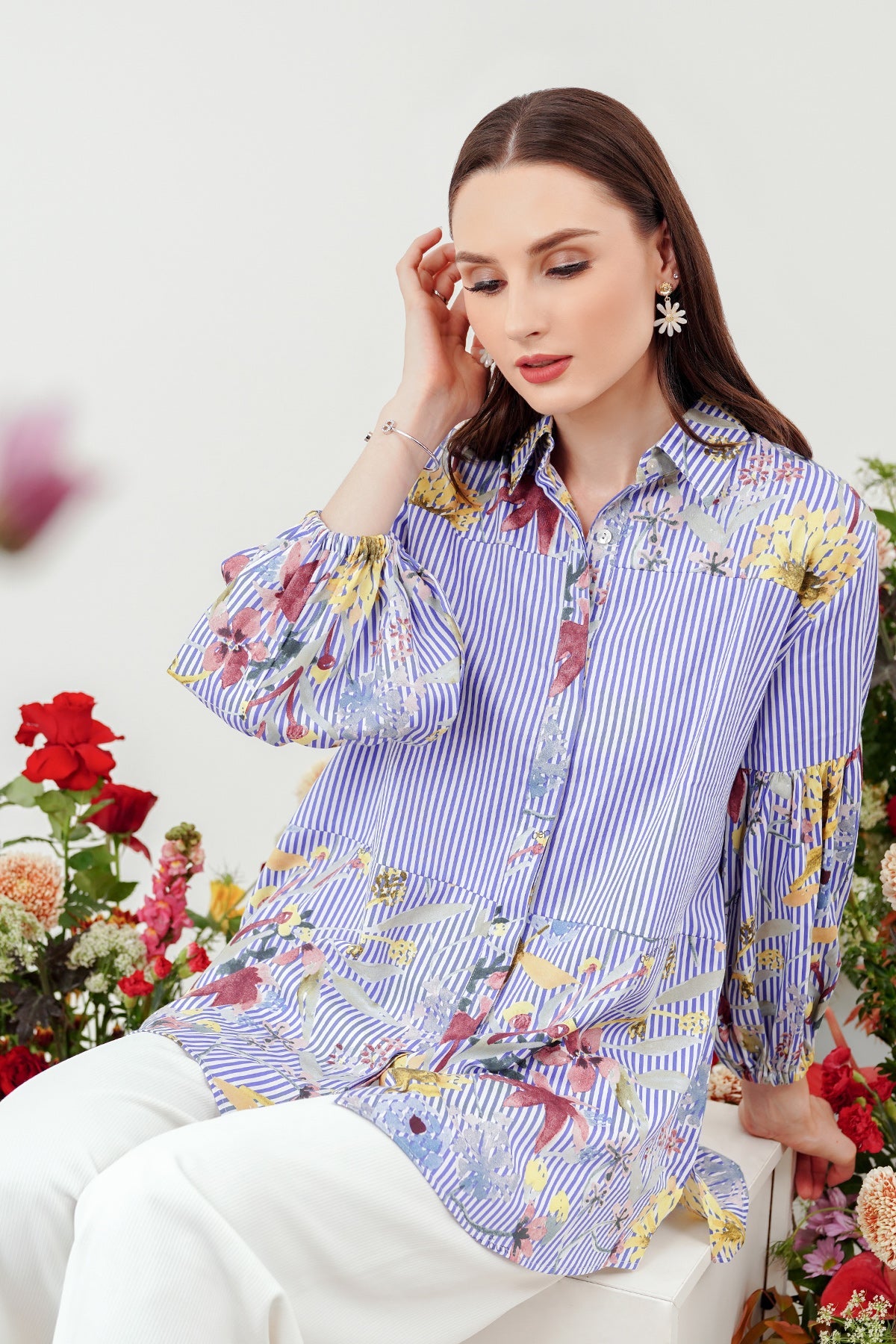 Romantic Garden Shirt with Puff Sleeve - Blue