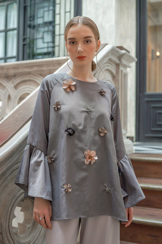 Blouse with Flower Beads - Grey