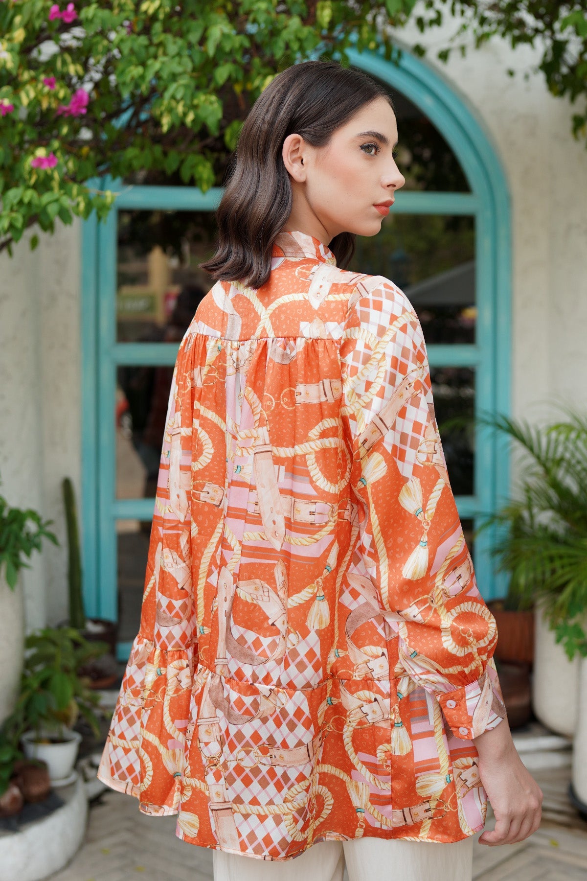 The Chain La Bella Satin Shirt with Gathers - Orange