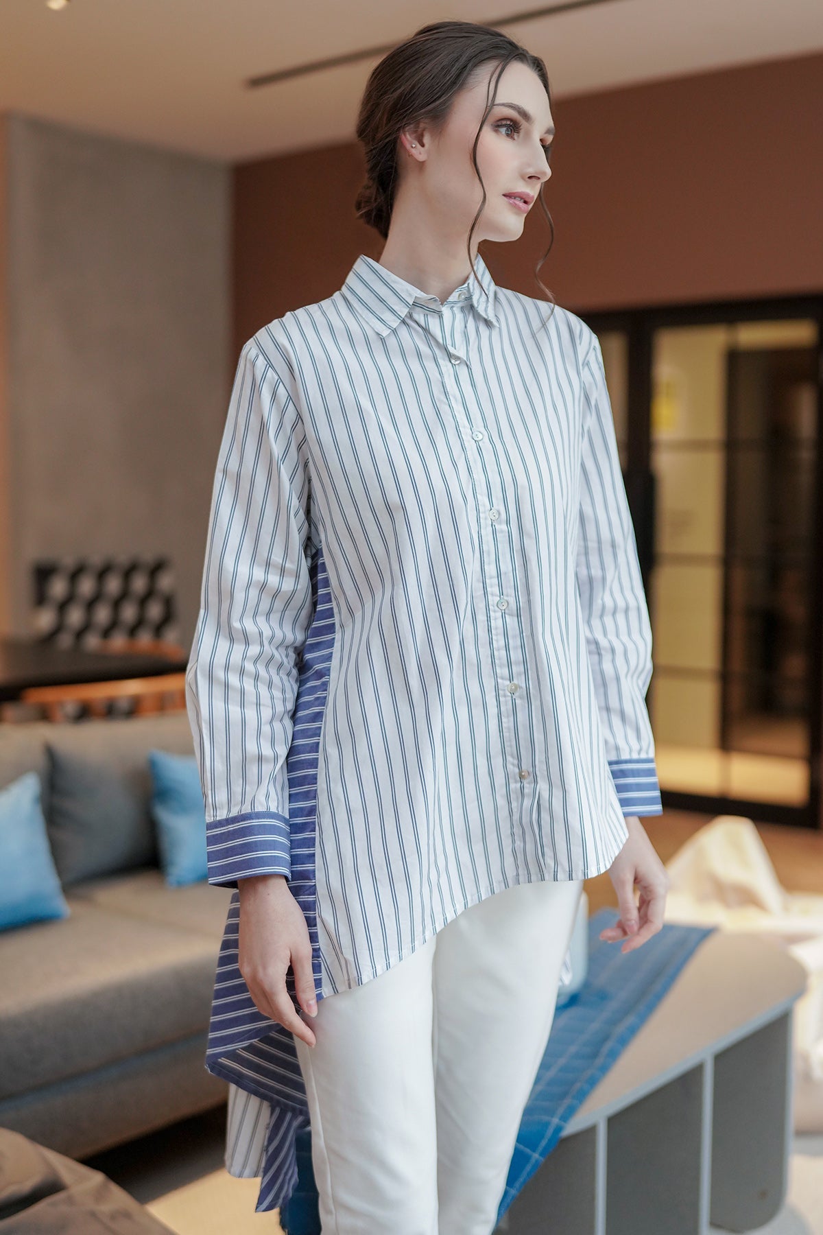Gemma Asymmetrical Shirt - Mix Stripes