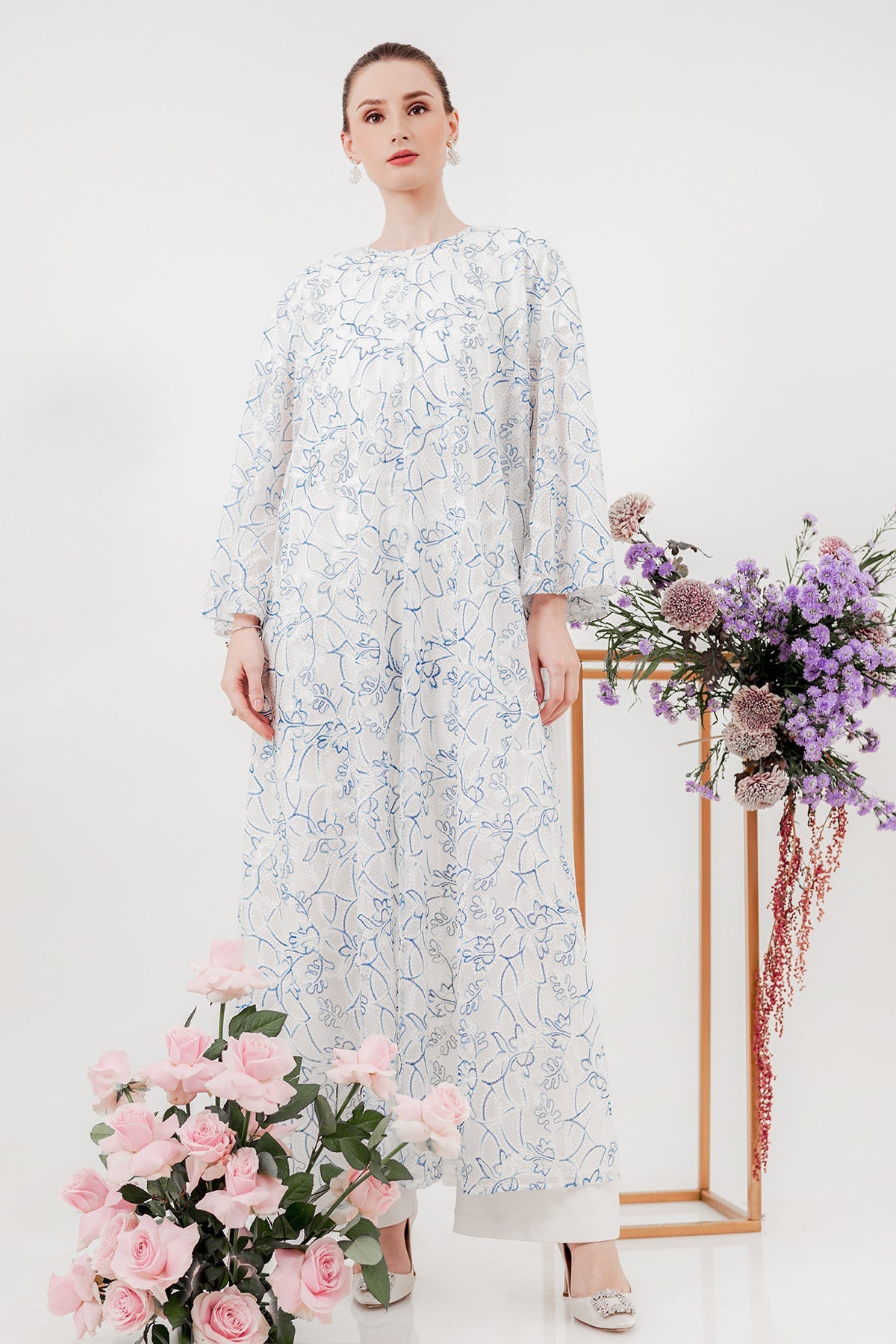 Mix Lace Long Dress - White/Blue