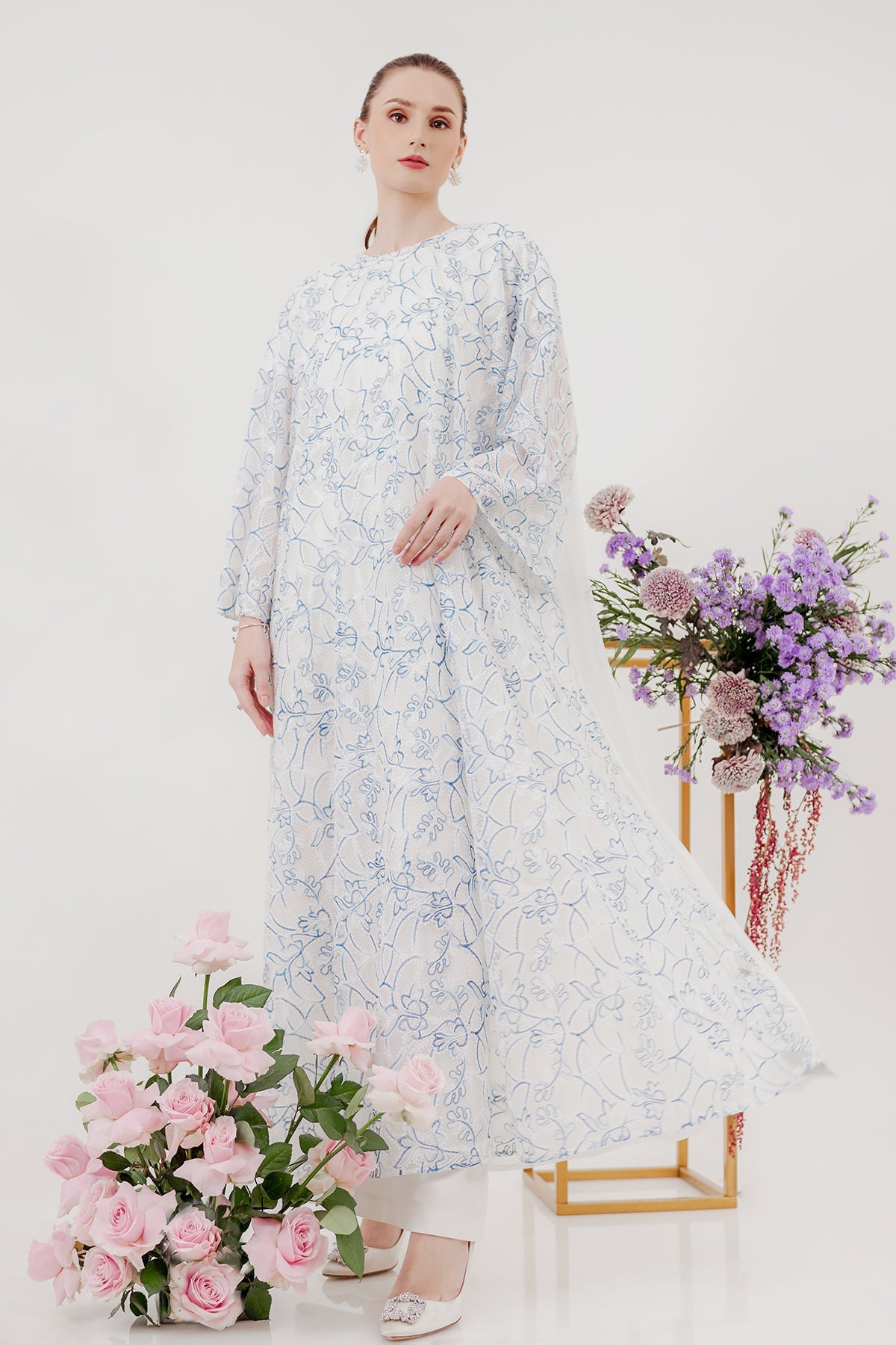 Mix Lace Long Dress - White/Blue