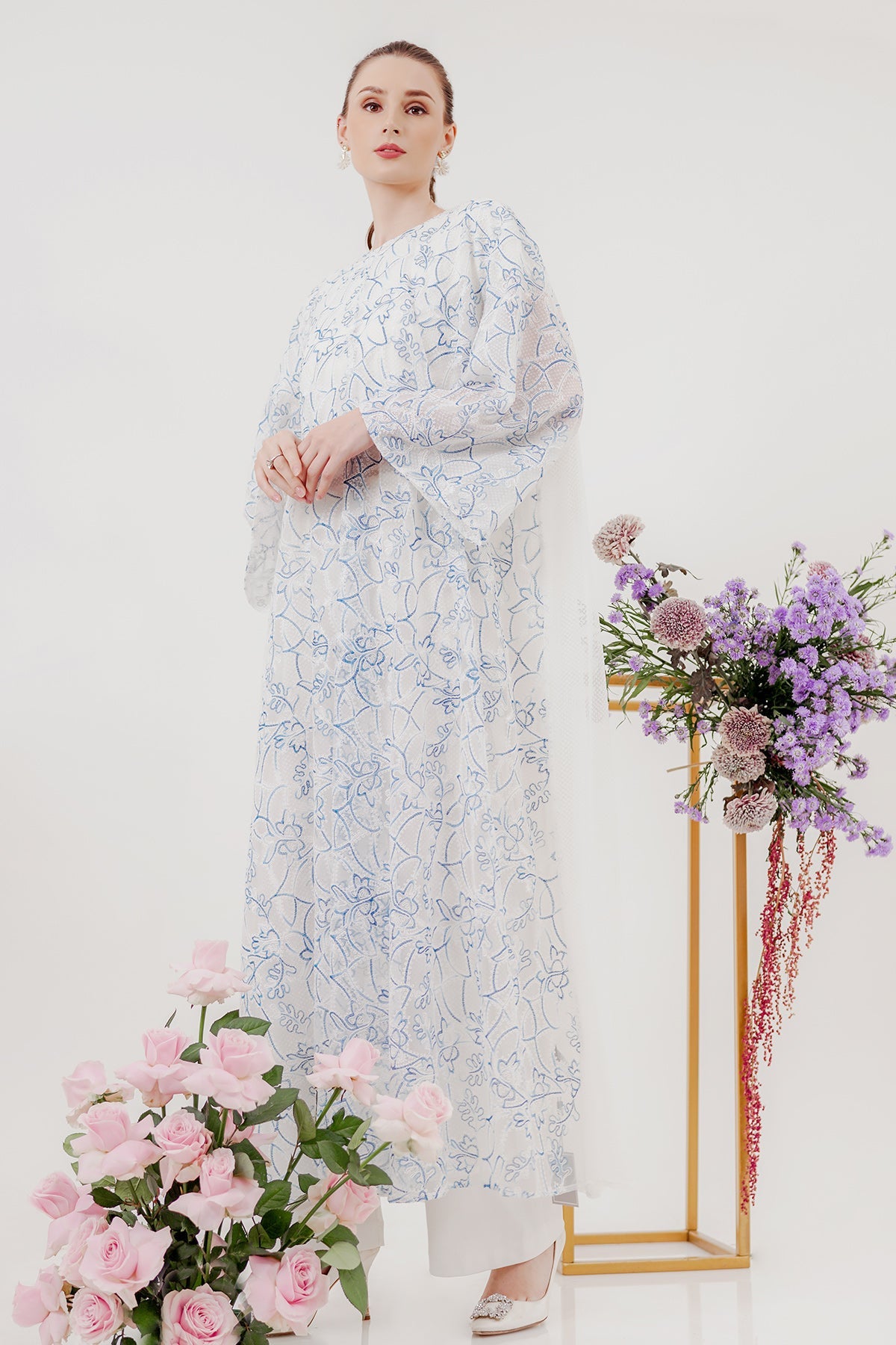 Mix Lace Long Dress - White/Blue