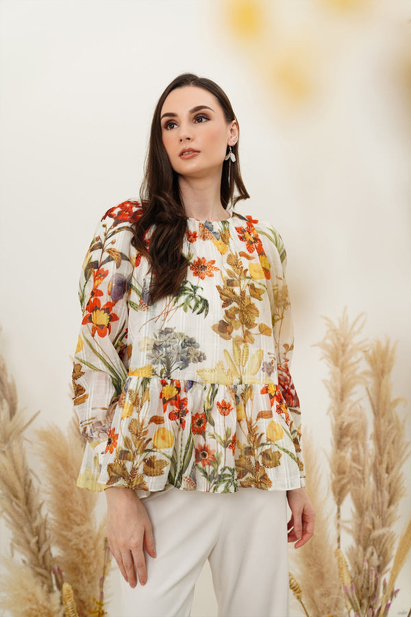 Flower Peplum Top - White