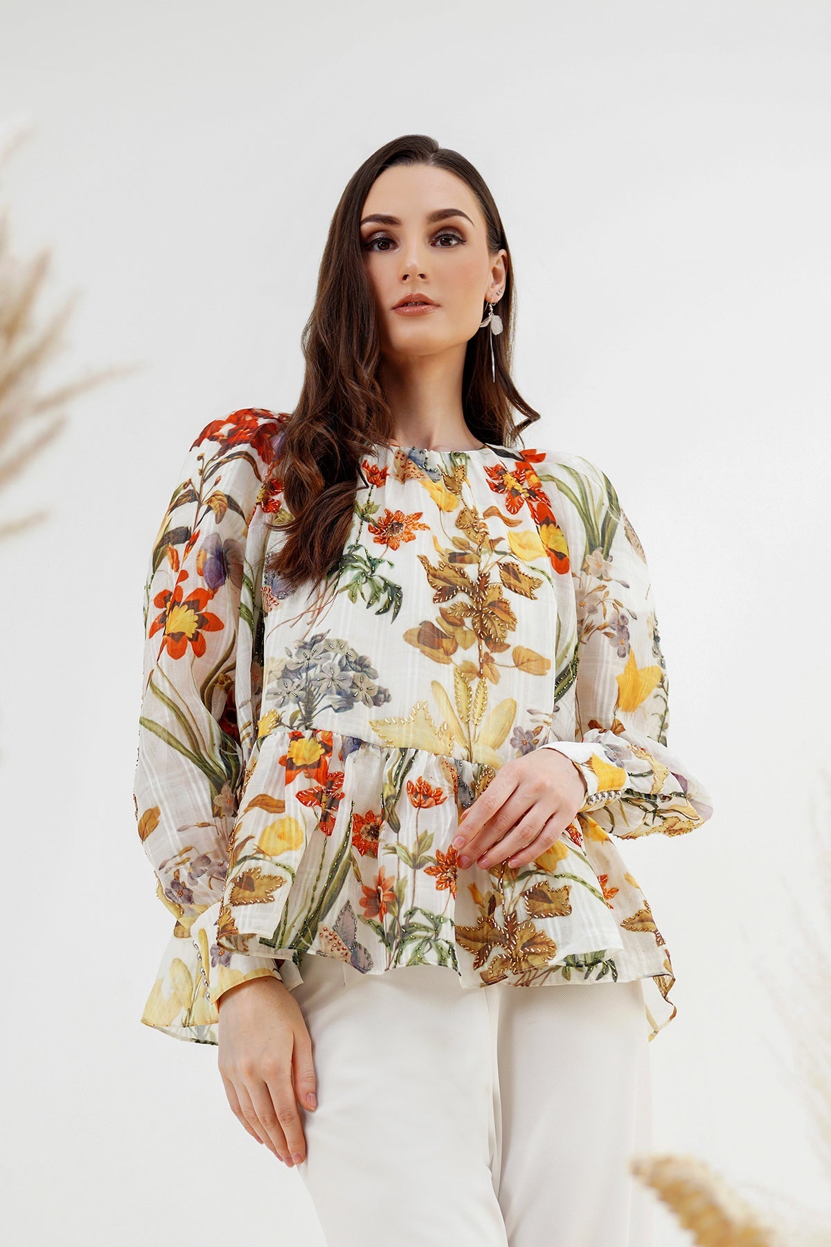 Flower Peplum Top - White