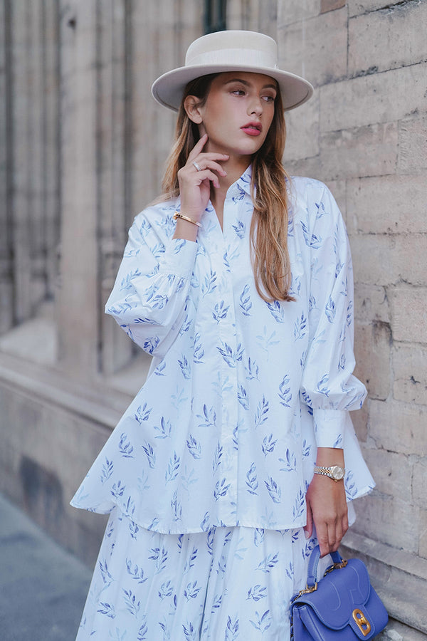 Into The Blue Raglan Cotton Shirt - Blue Leaf
