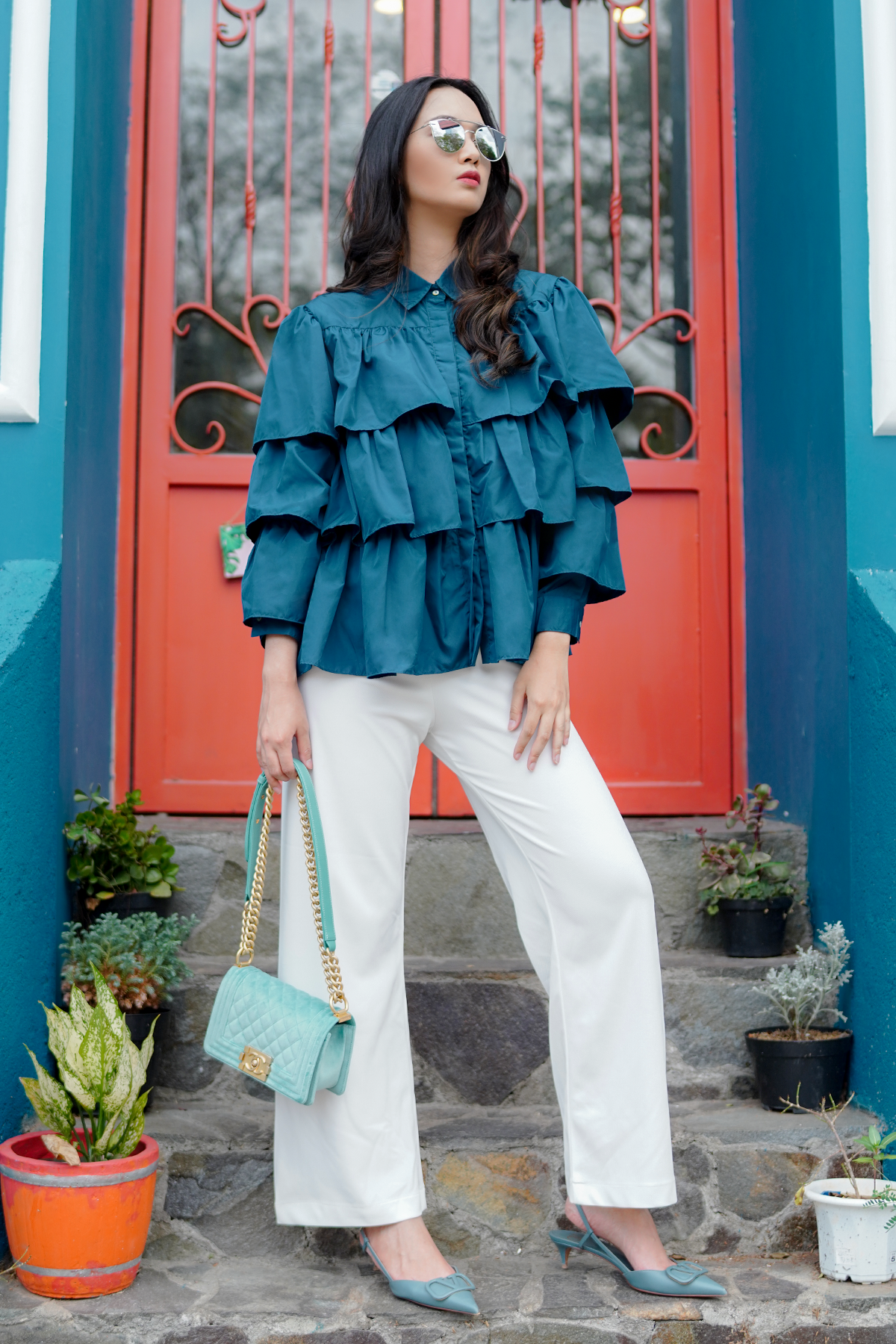 Teal Blue Tiered Ruffle Shirt