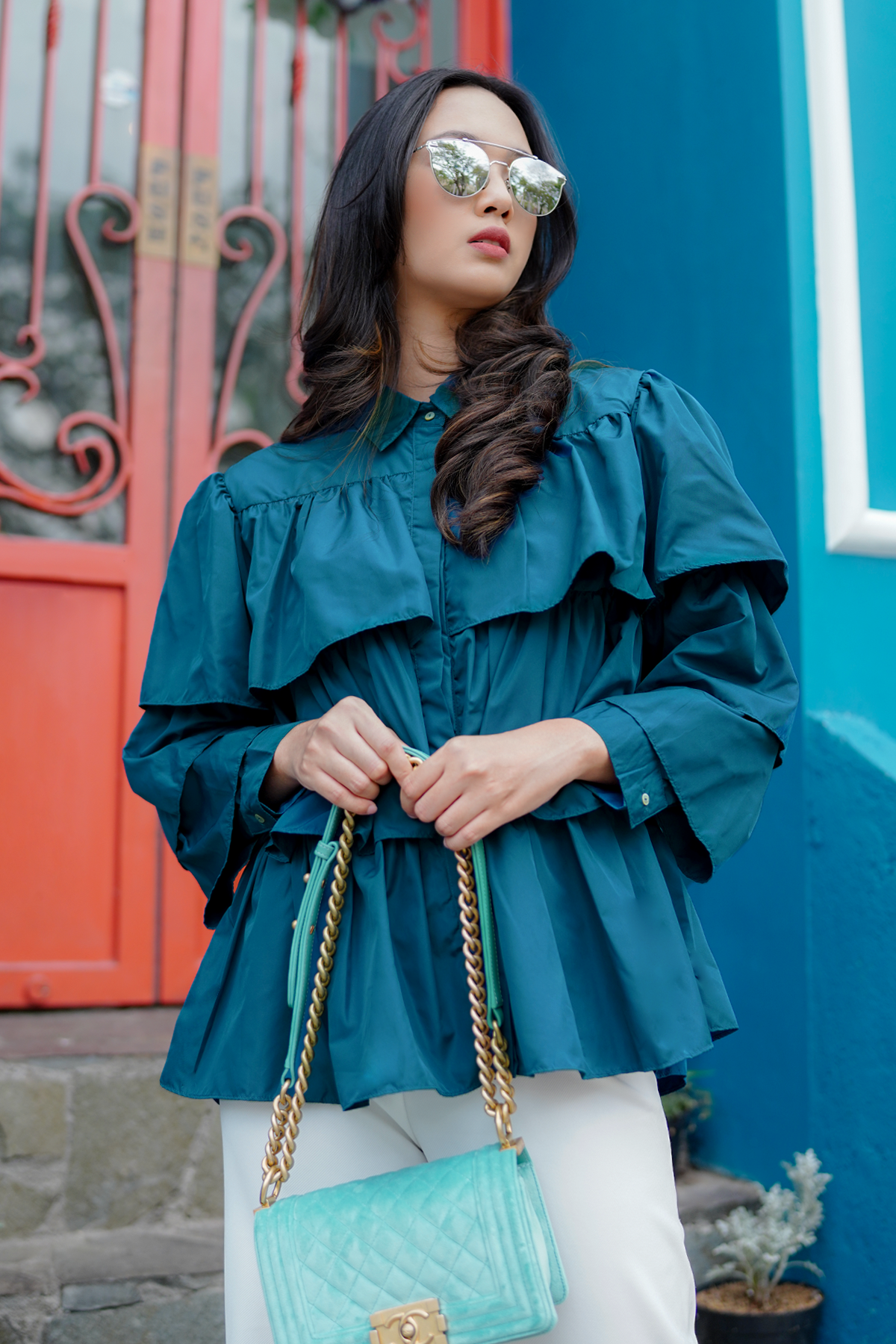 Teal Blue Tiered Ruffle Shirt