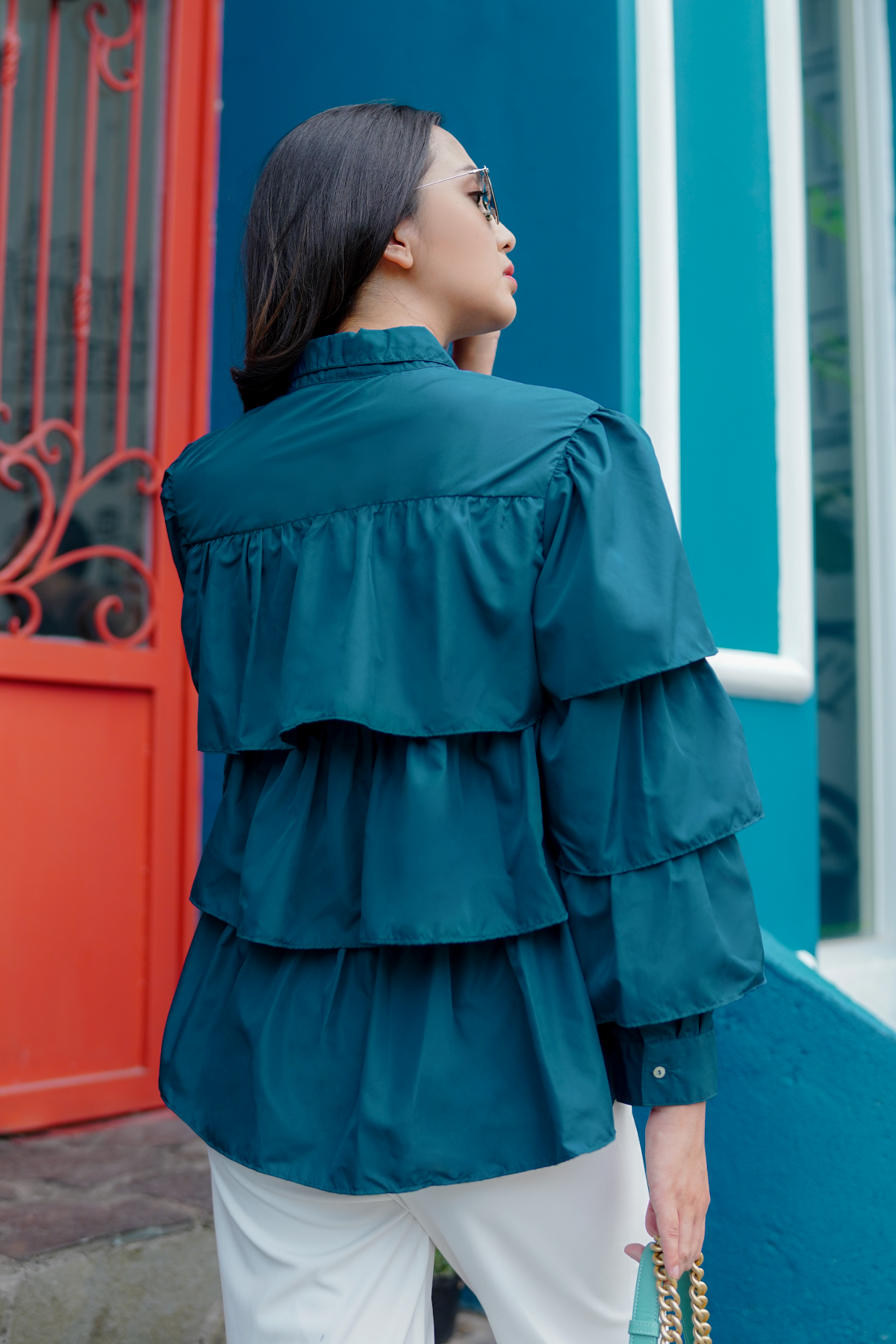 Teal Blue Tiered Ruffle Shirt