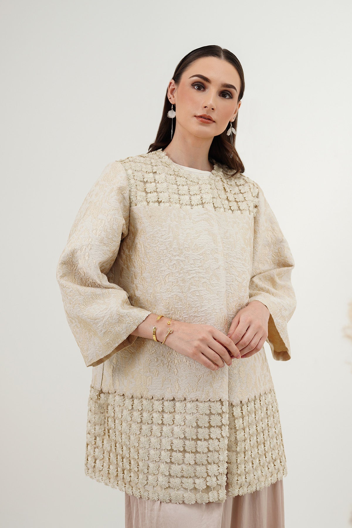 Mix Fabric Long Outer - Cream