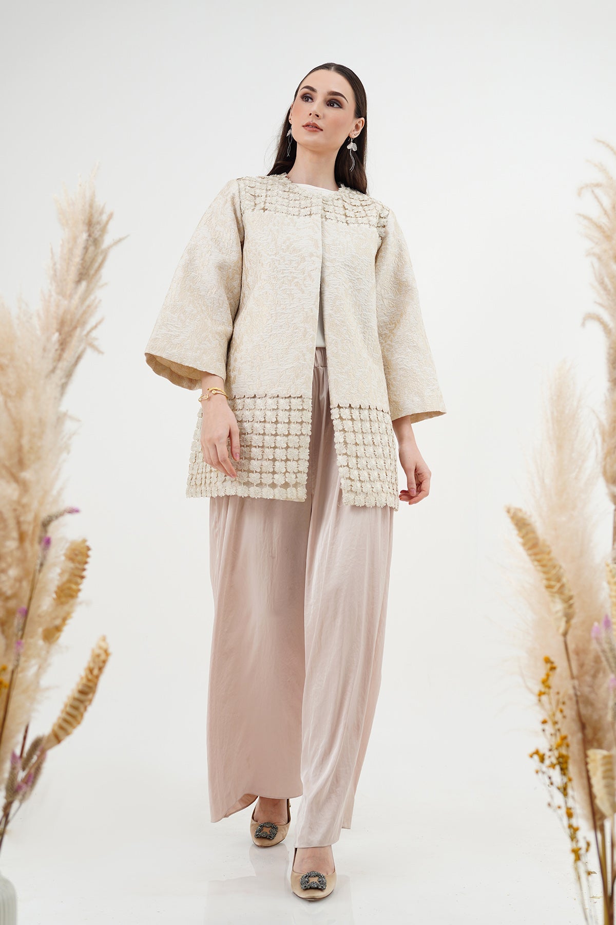 Mix Fabric Long Outer - Cream