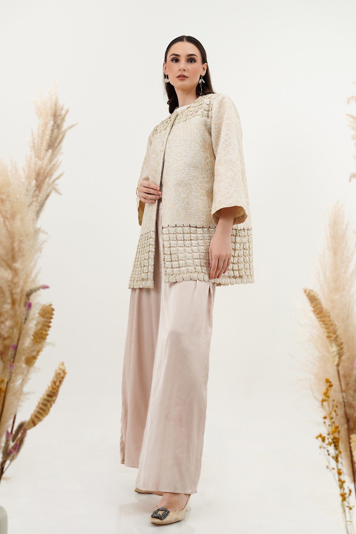 Mix Fabric Long Outer - Cream
