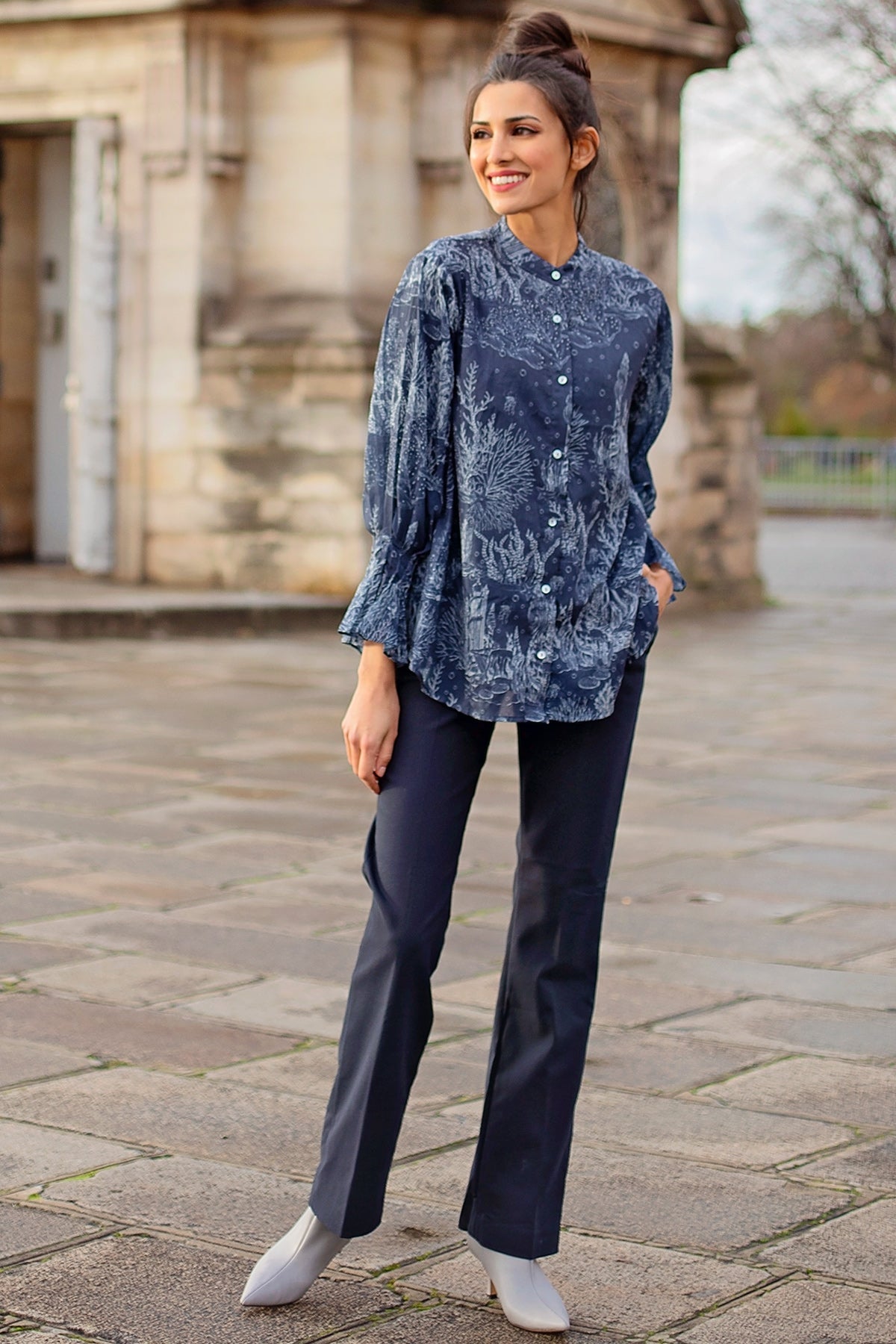 El Mar Minorca Shirt with Puff Sleeve - Navy